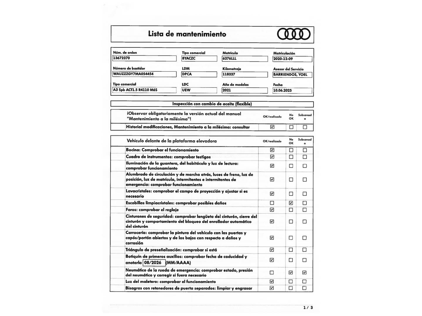 Foto del mantenimiento del Audi A3 Audi A3 Sportback Genuine edition 35 TFSI (150 CV) Pack S-Line
