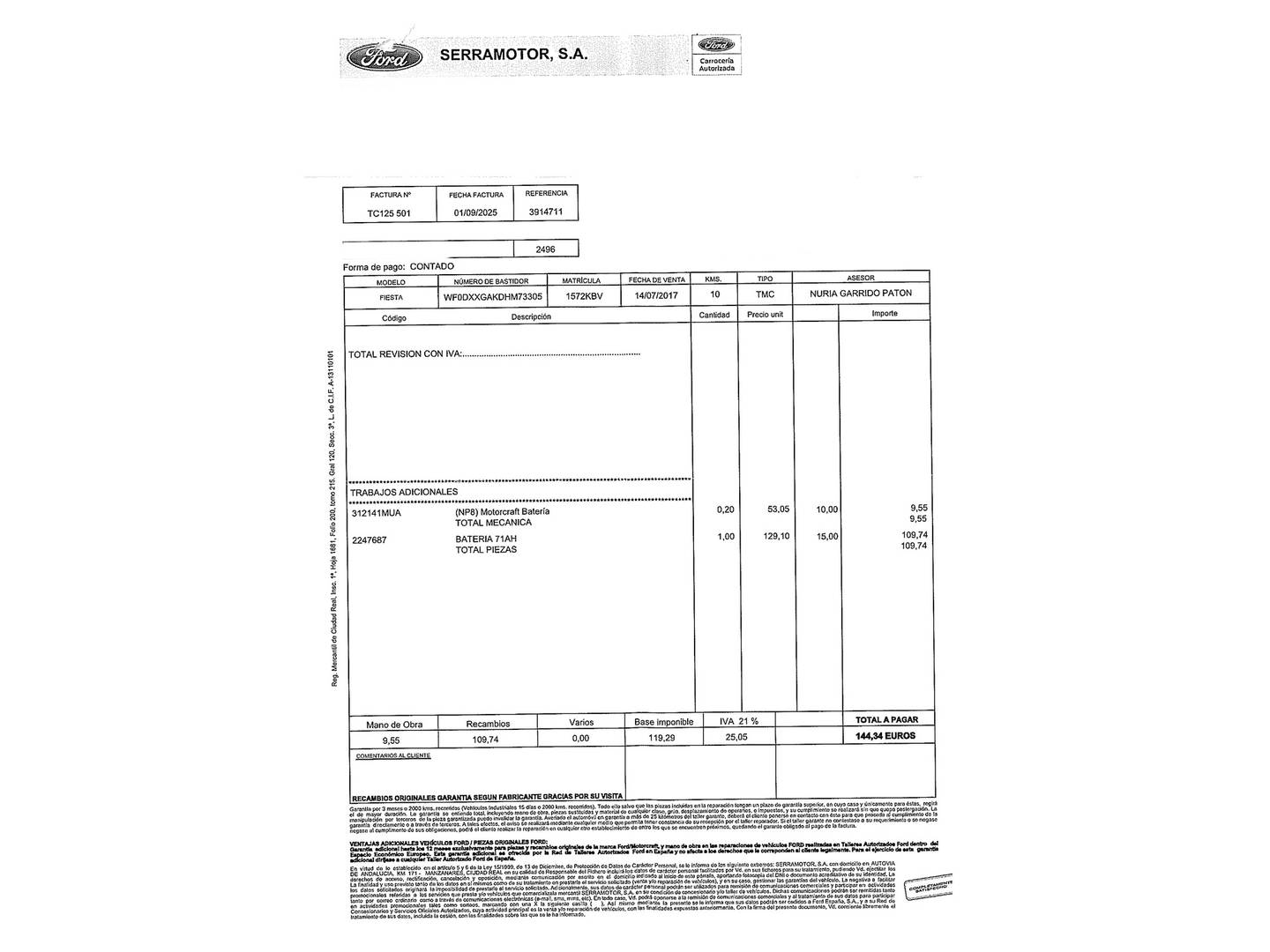 Foto del mantenimiento del Ford Fiesta Ford Fiesta 1.5 TDCI Trend (75 CV)