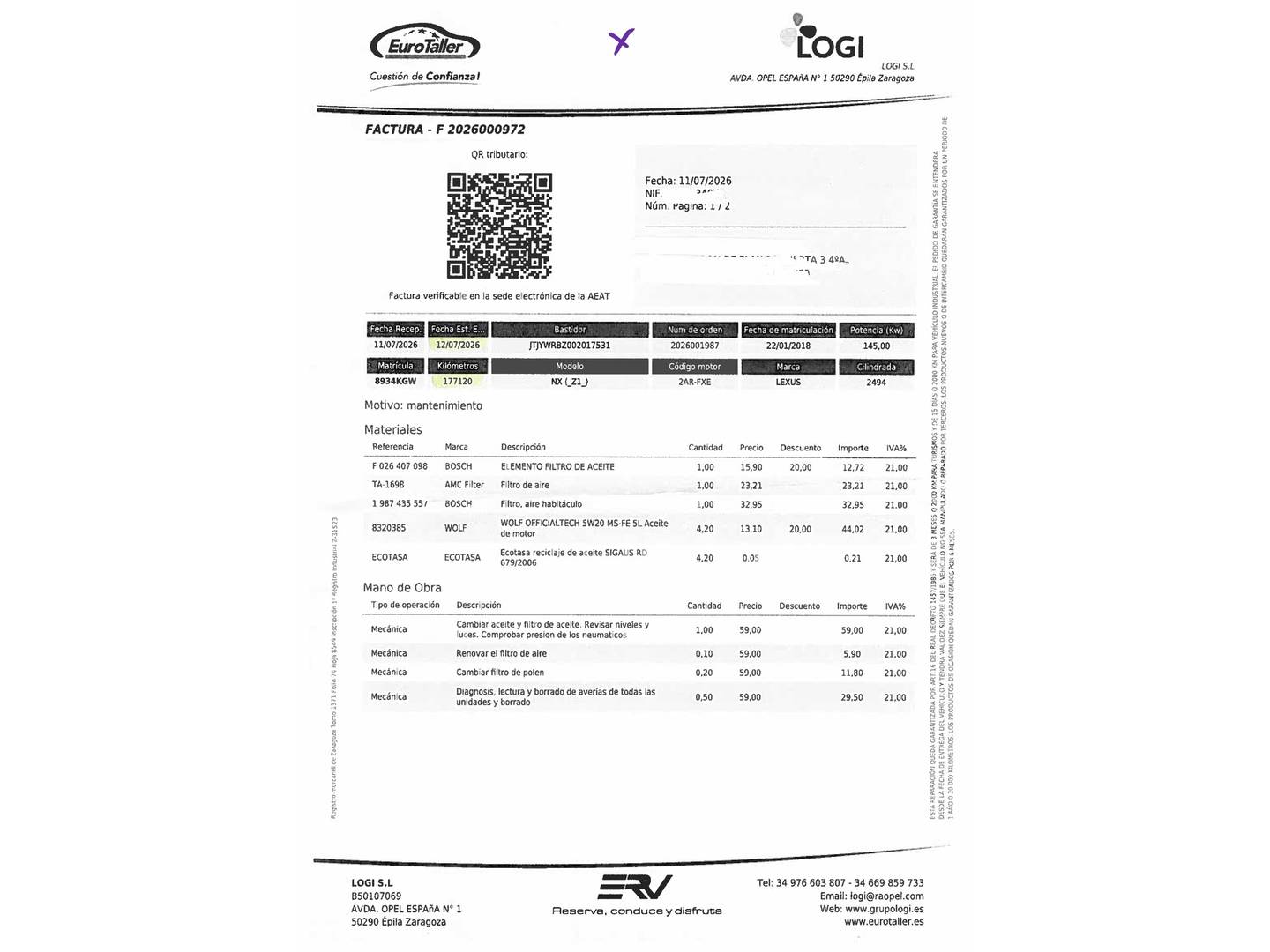 Foto del mantenimiento del Lexus NX Lexus NX 300h Business 2WD (197 CV)