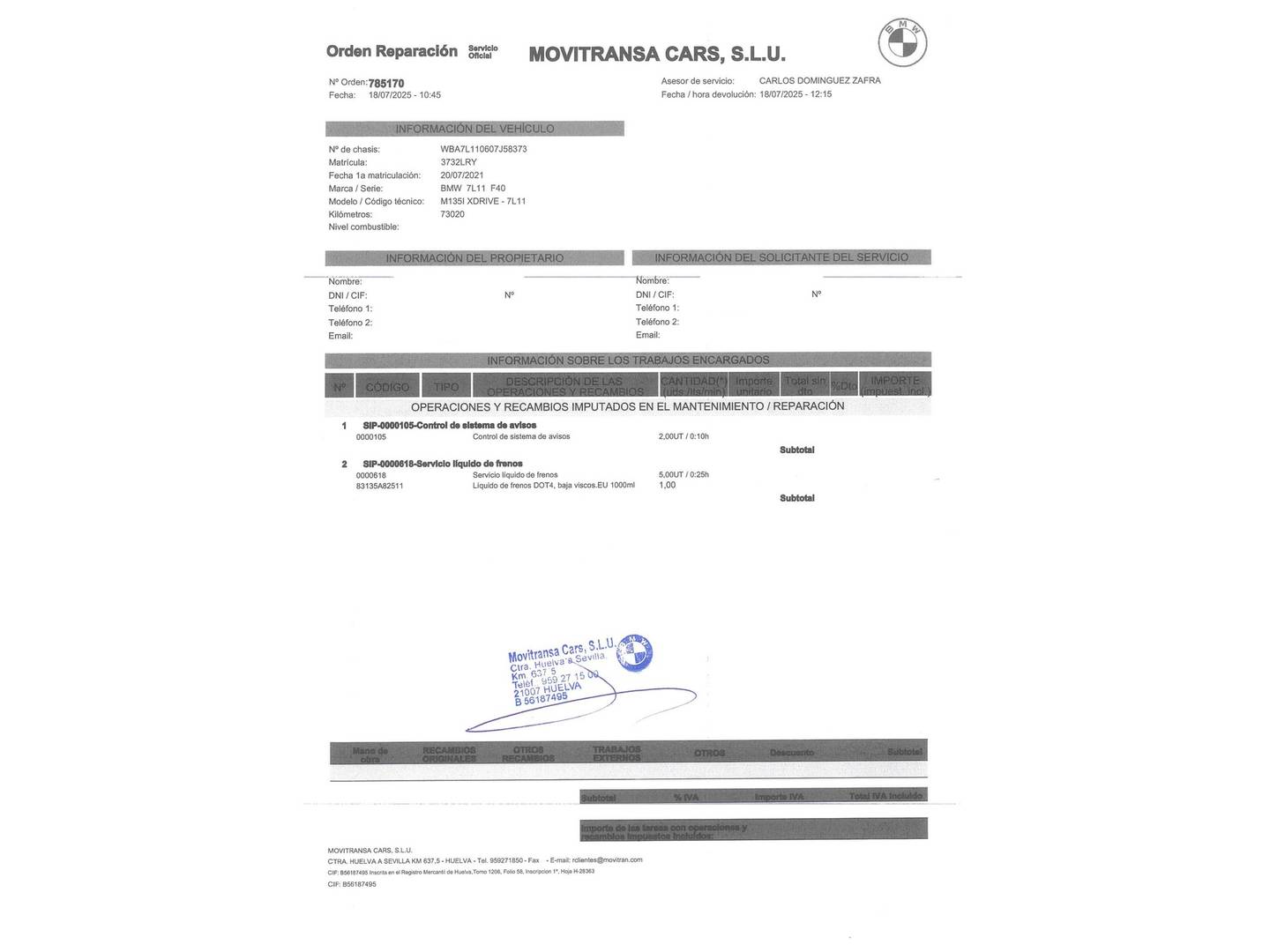 Foto del mantenimiento del BMW Serie 1 BMW Serie 1 M135i (306 CV)