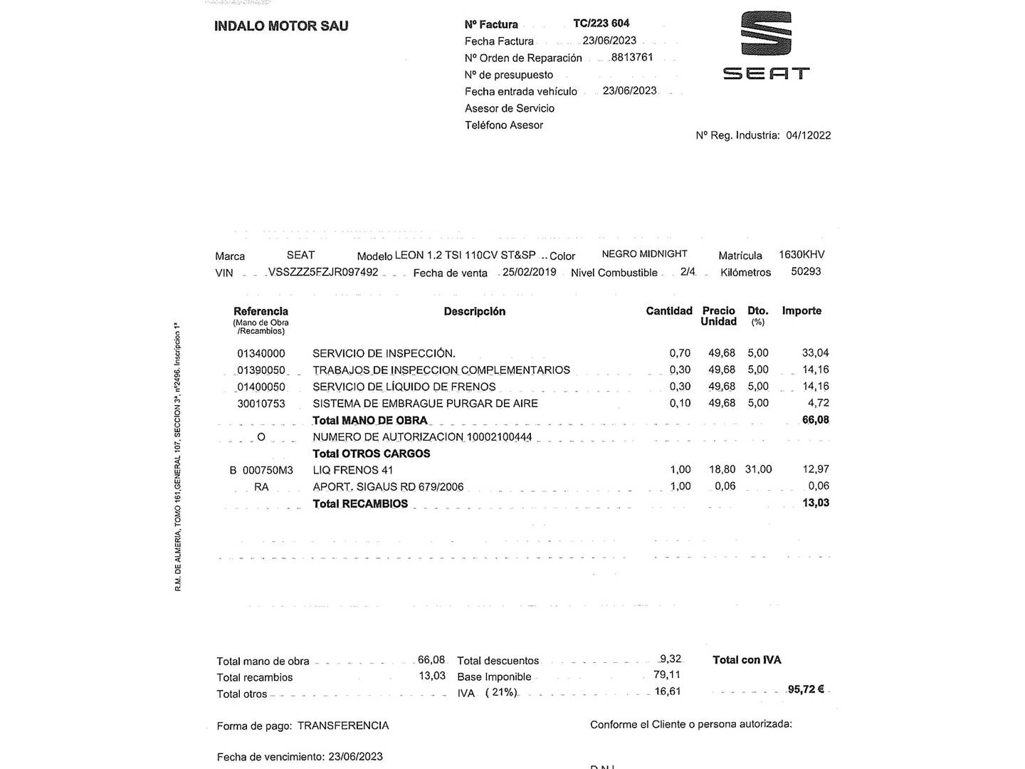 Foto del mantenimiento del Seat León SEAT León 1.2 TSI S&S Style (110 CV)