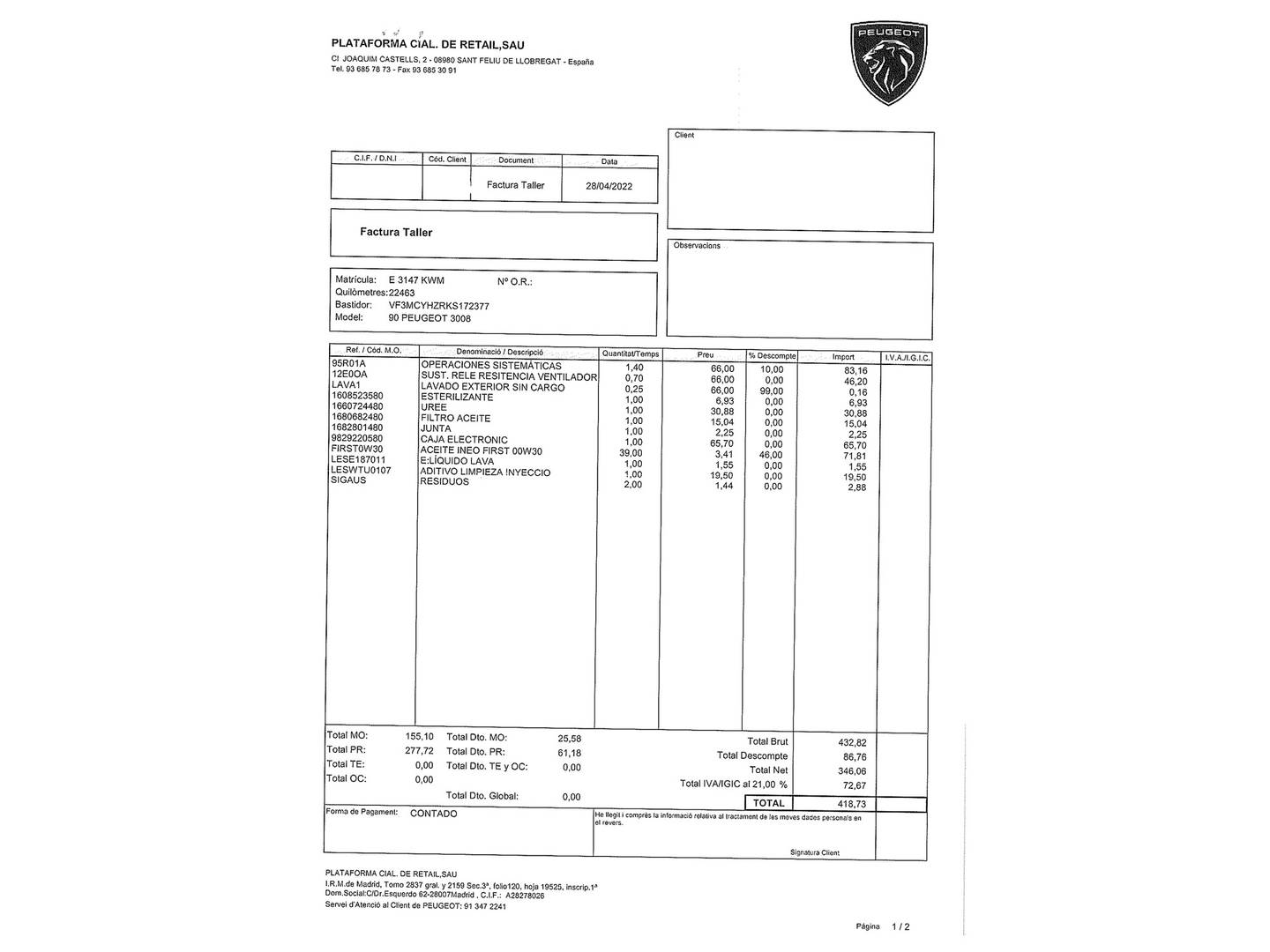 Foto del mantenimiento del Peugeot 3008 Peugeot 3008 BlueHDI 130 S&S GT Line EAT8 (130 CV)
