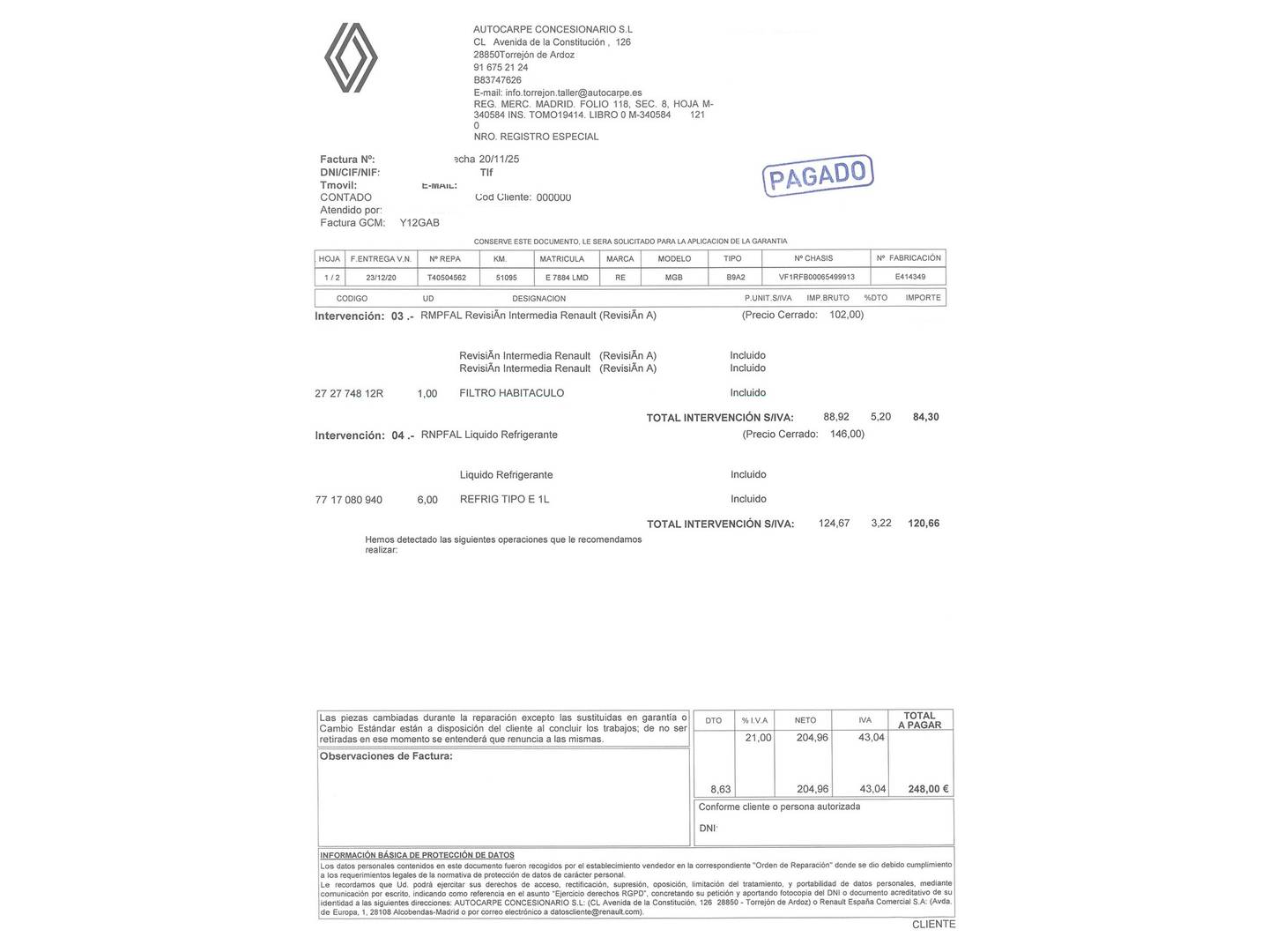 Foto del mantenimiento del Renault Mégane Renault Megane Business Blue dCi (95 CV)