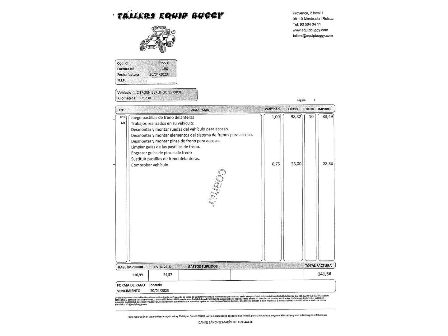 Foto del mantenimiento del Citroën Berlingo Citroën Berlingo Combi PureTech 110 S&S Talla M Feel (110 CV) Semi-camperizada