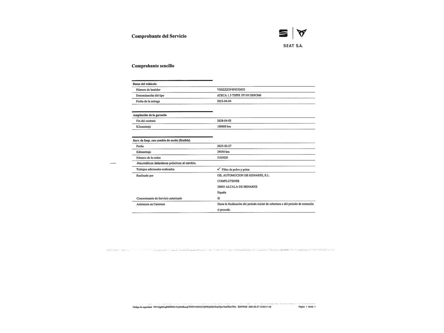 Foto del mantenimiento del Seat Ateca Seat Ateca 1.5 TSI S&S FR XL (150 CV)