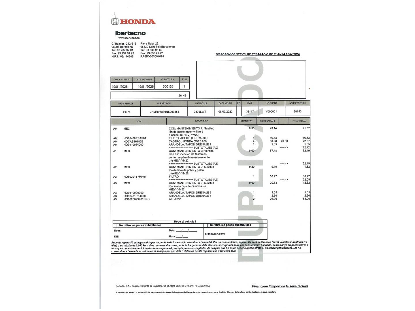 Foto del mantenimiento del Honda HR-V Honda HR-V 1.5 i-MMD Advance 4x2 Auto (131 CV)