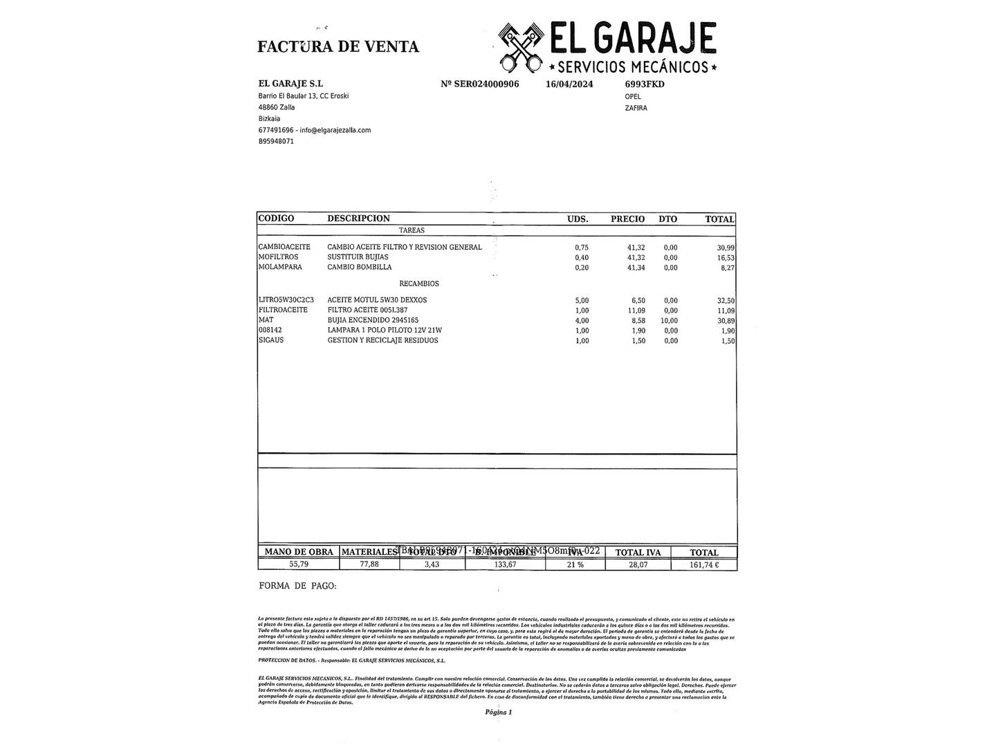 Foto del mantenimiento del Opel Zafira Opel Zafira 1.8 16v Enjoy 7 Plazas (140 CV)