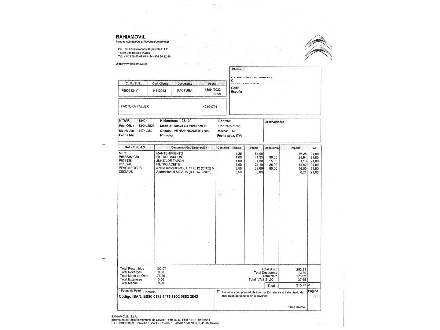 Foto del mantenimiento del Citroën C4 Citroën C4 PureTech 130 S&S 6v Feel Pack (130 CV)
