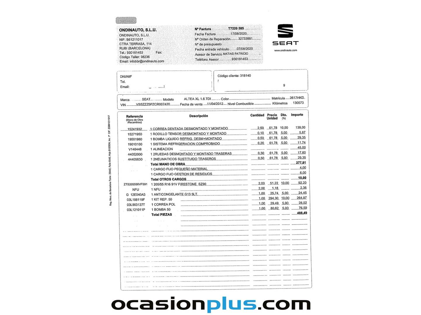 Foto del mantenimiento del Seat Altea XL SEAT Altea XL 1.6 TDI E-Ecomotive Reference (105 CV)