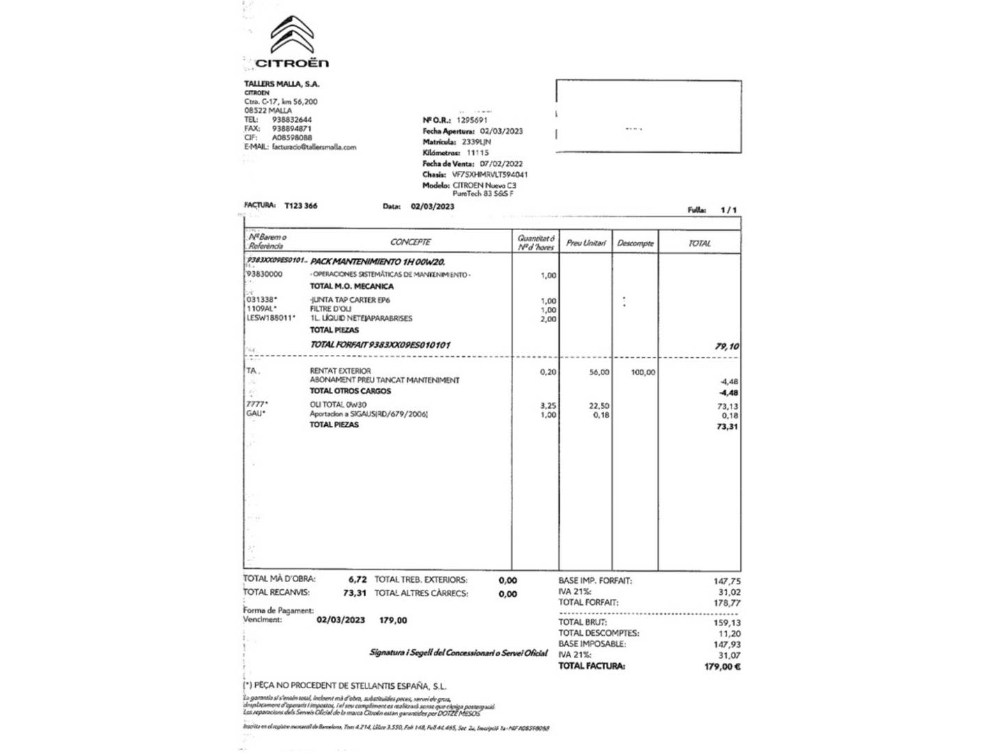 Foto del mantenimiento del Citroën C3 Citroën C3 PureTech Feel Pack (83 CV)