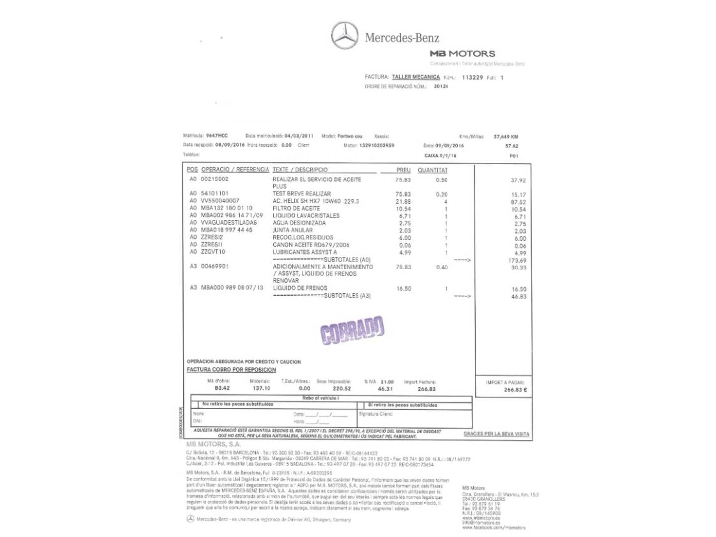Foto del mantenimiento del Smart fortwo Smart ForTwo 52 mhd Pure (71 CV)