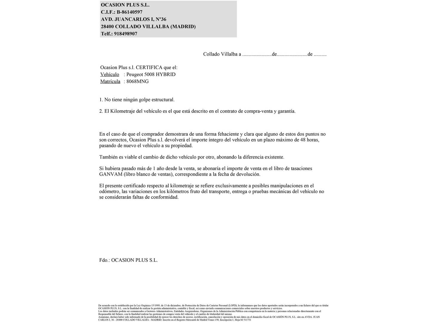 Foto del certificado del Peugeot 5008 Hybrid Peugeot 5008 Hybrid 1.2 Active Pack eDCS6 (136 CV) 7 Plazas