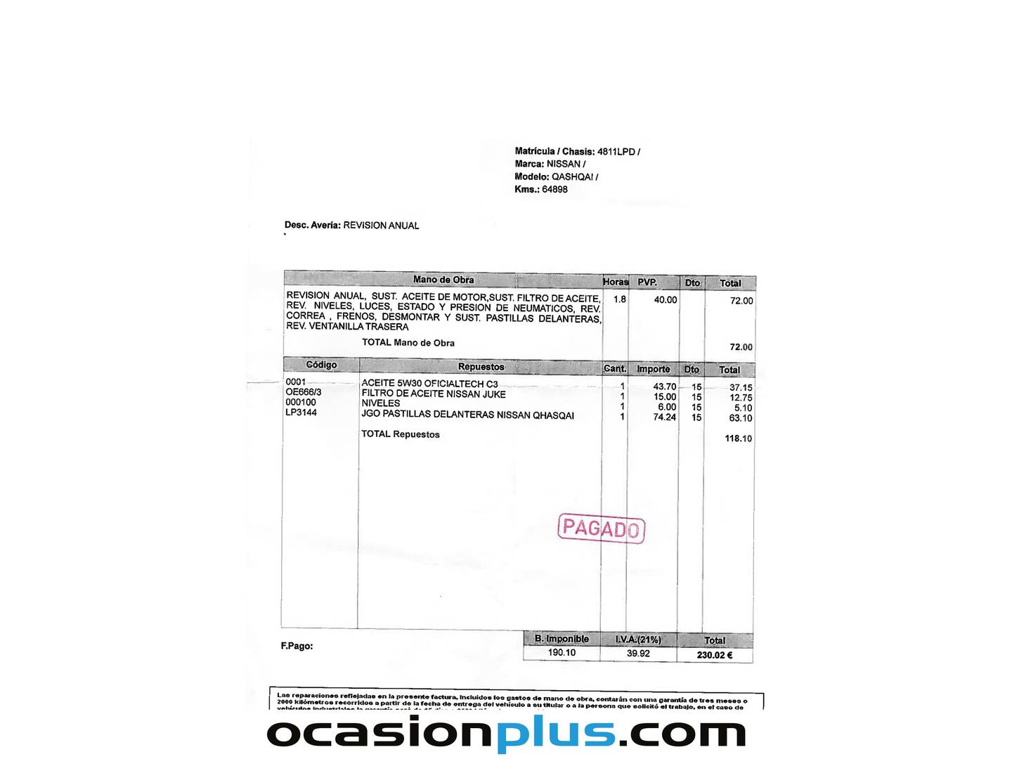 Foto del mantenimiento del Nissan QASHQAI Nissan Qashqai DIG-T 160 N-Connecta 4x2 DCT (160 CV)