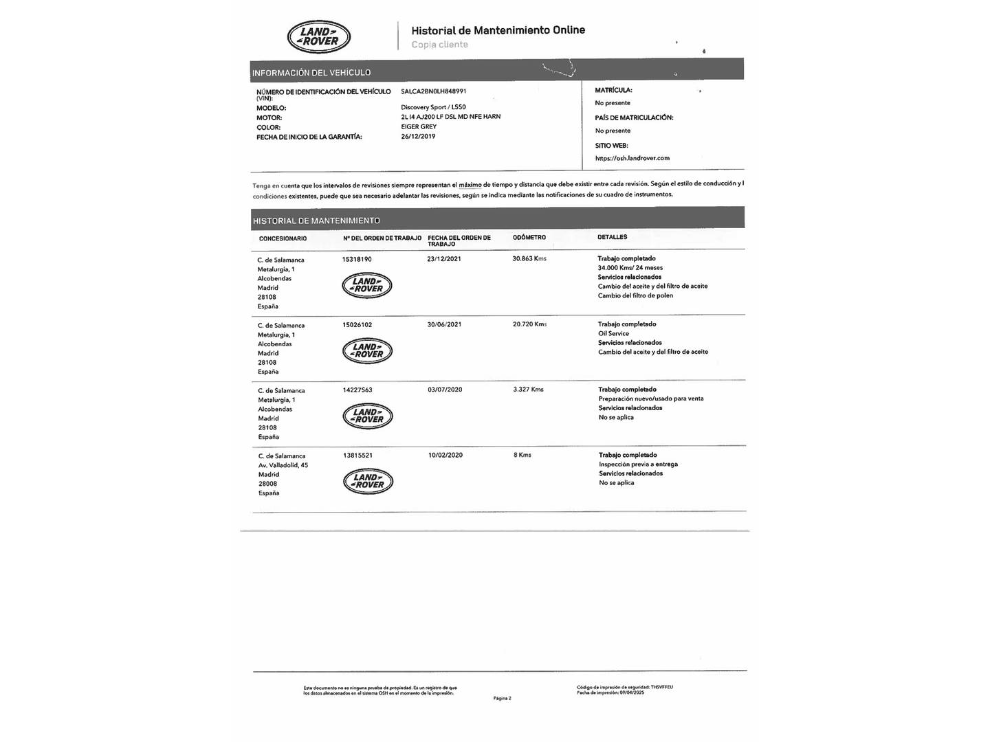 Foto del mantenimiento del Land Rover Discovery Sport Land Rover Discovery Sport 2.0D I4 S AWD Auto (150 CV)
