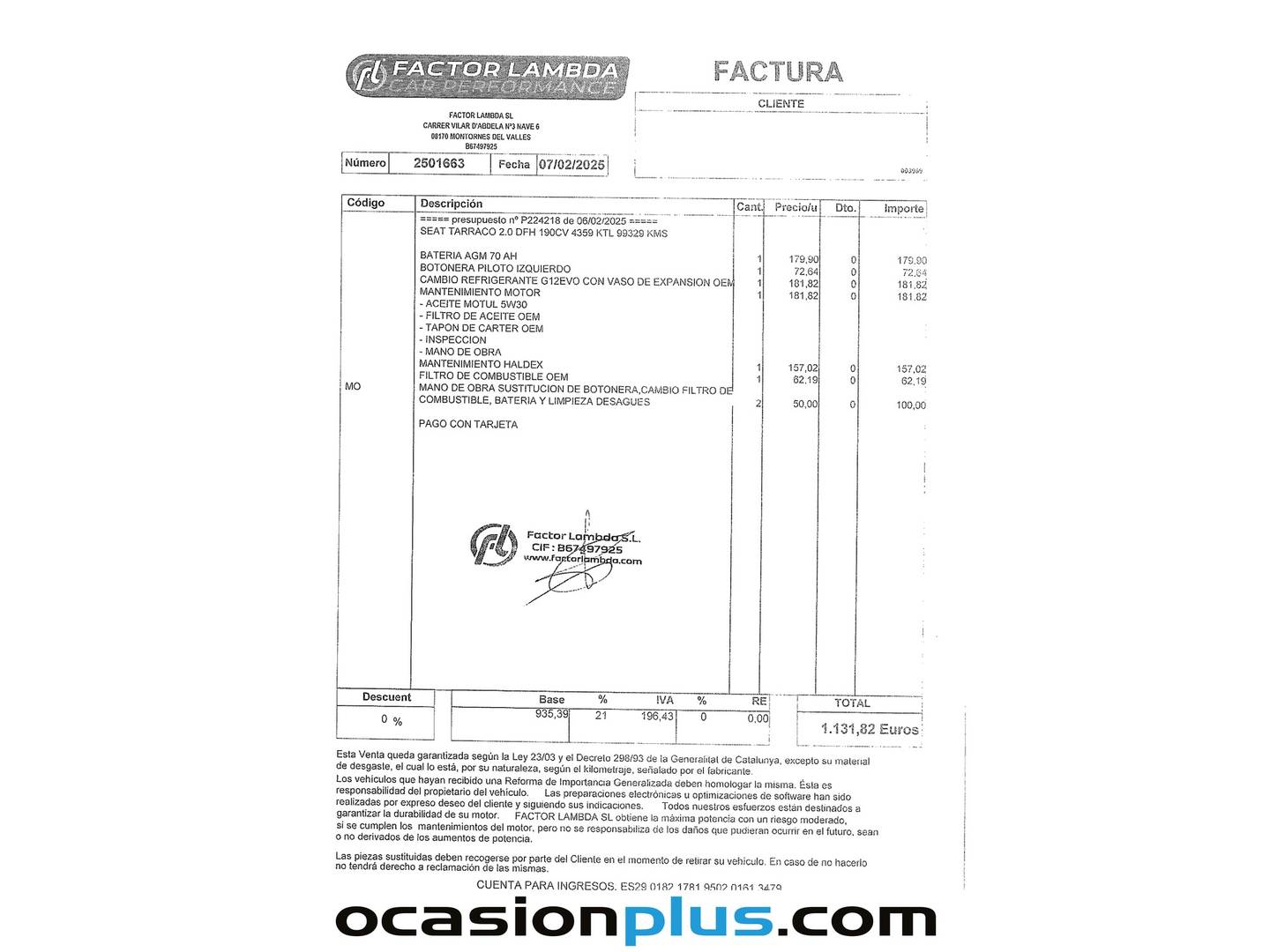 Foto del mantenimiento del Seat Tarraco Seat Tarraco 2.0 TDI S&S Xcellence Plus 4Drive DSG (190 CV) 7 Plazas