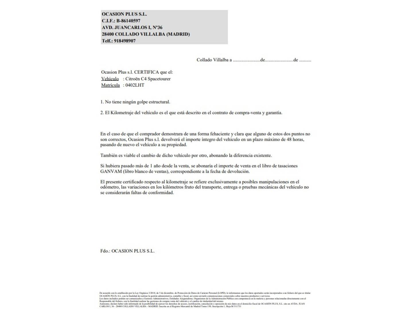 Foto del certificado del Citroën C4 Spacetourer Citroen C4 Spacetourer BlueHDi 130 Origins (130 CV)