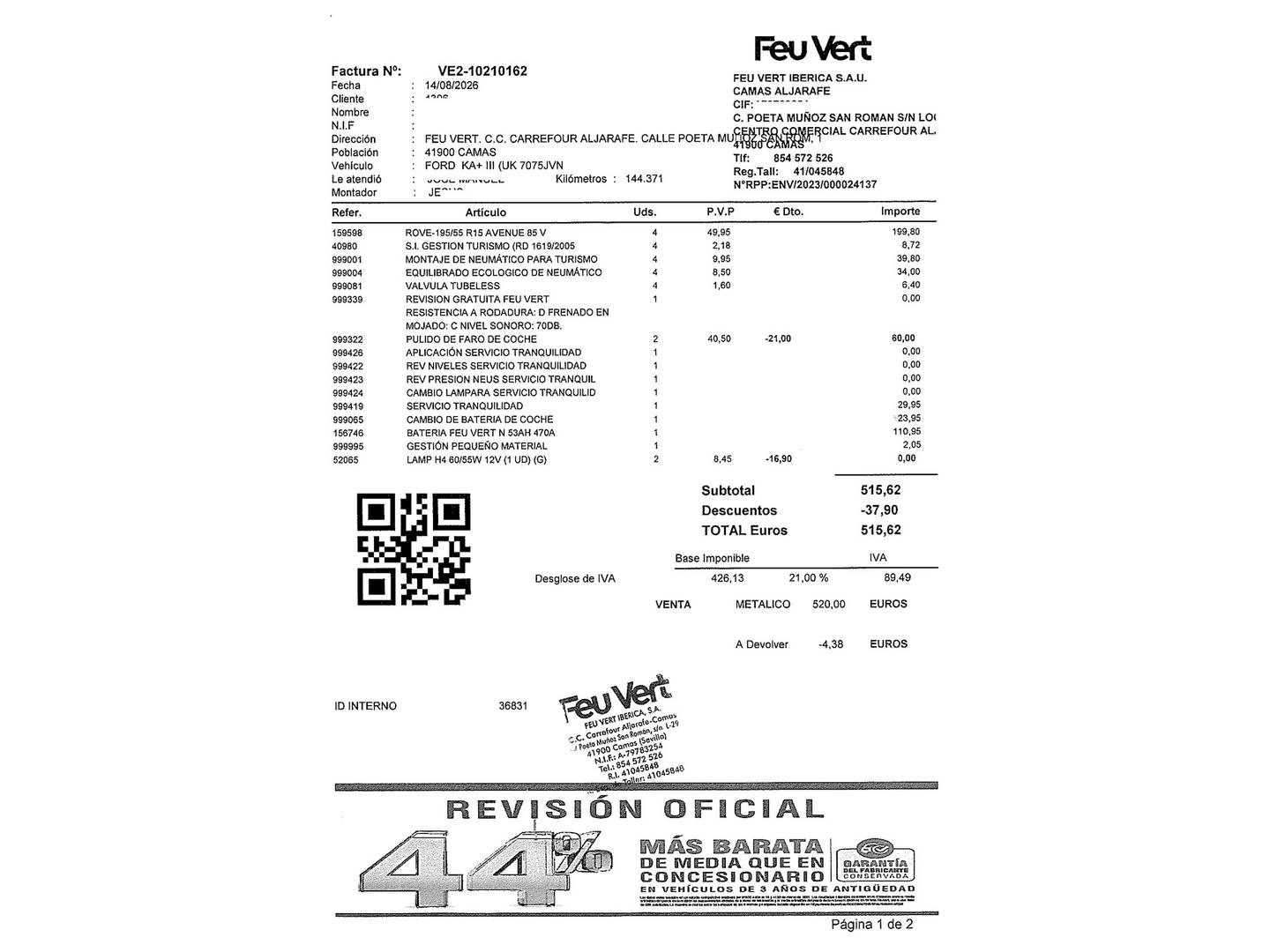 Foto del mantenimiento del Ford Ka+ Ford Ka+ 1.2 Ti-VCT Ultimate (85 CV)
