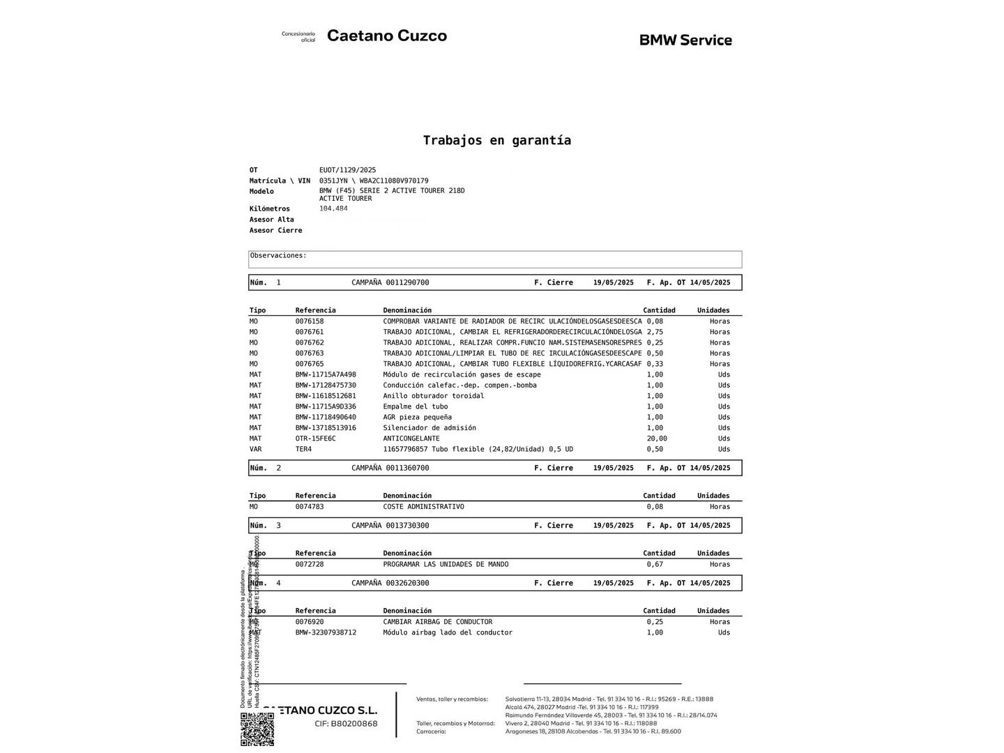 Foto del mantenimiento del BMW Serie 2 Active Tourer BMW Serie 2 218d Active Tourer (150 CV)