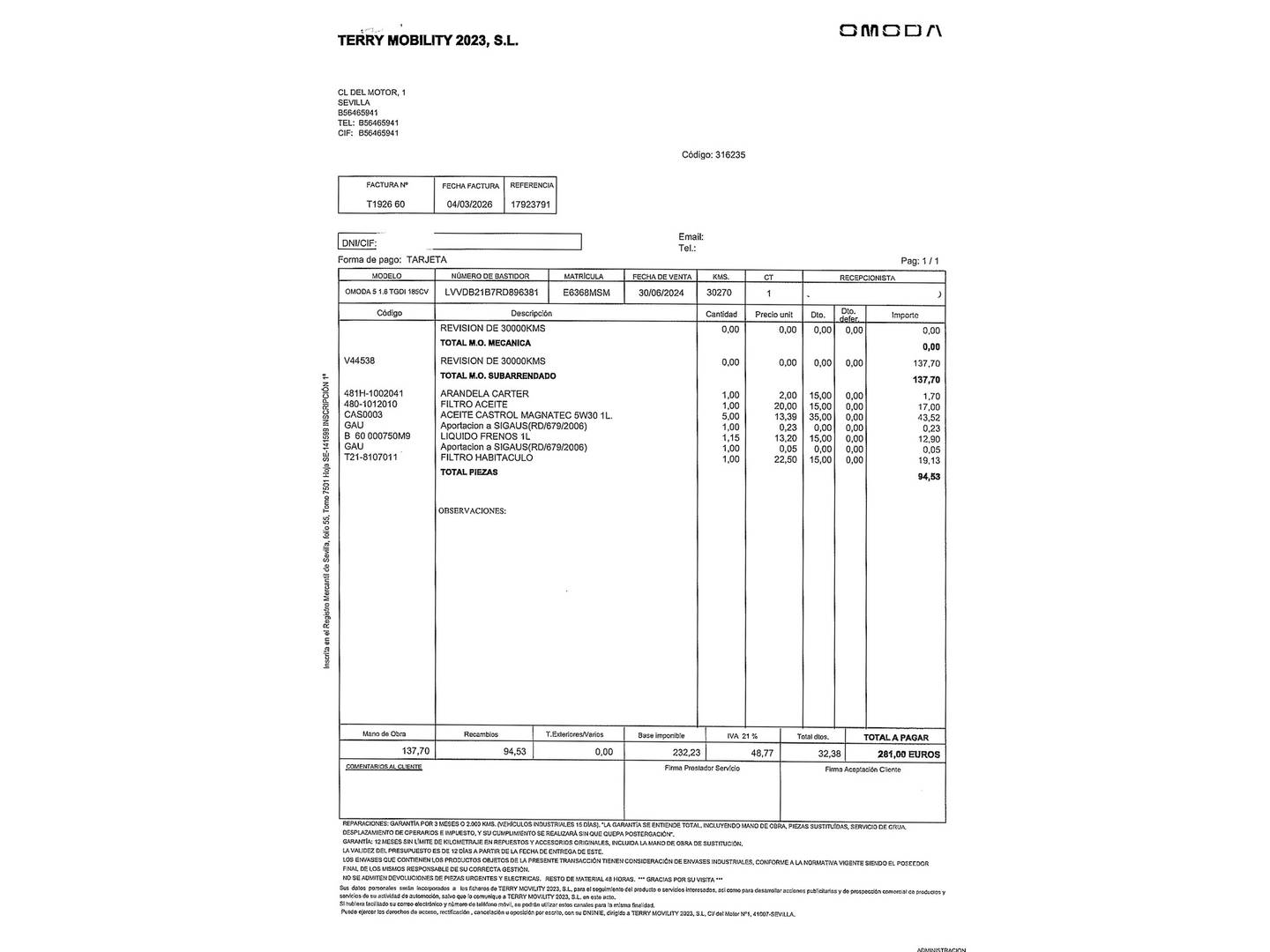 Foto del mantenimiento del OMODA 5 OMODA 5 1.6 T-GDI Premium DCT (185 CV)