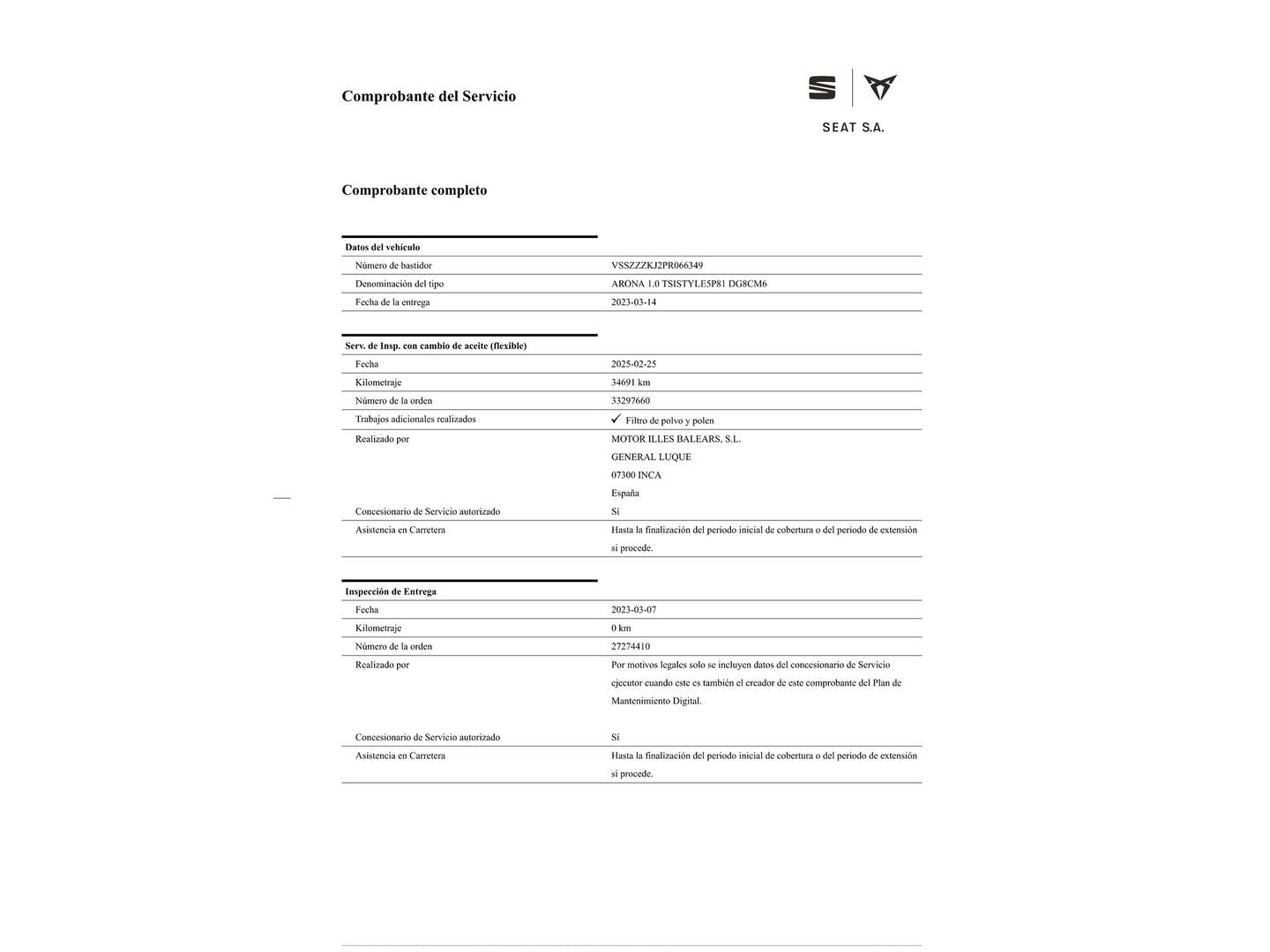 Foto del mantenimiento del Seat Arona Seat Arona 1.0 TSI Style XM Edition (110 CV)