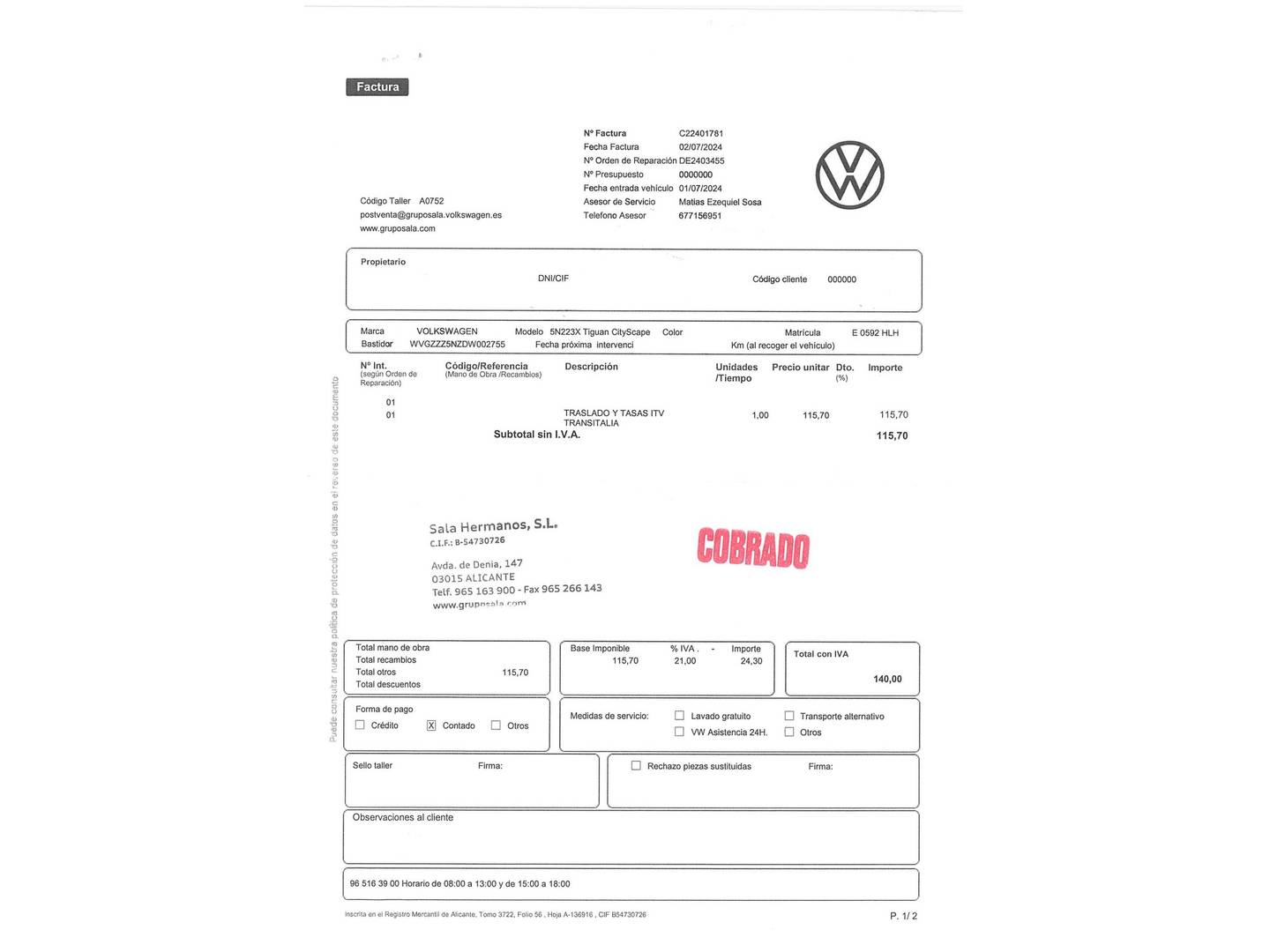 Foto del mantenimiento del Volkswagen Tiguan Volkswagen Tiguan T1 Sport 2.0 TDI BMT 4x2 (140 CV)