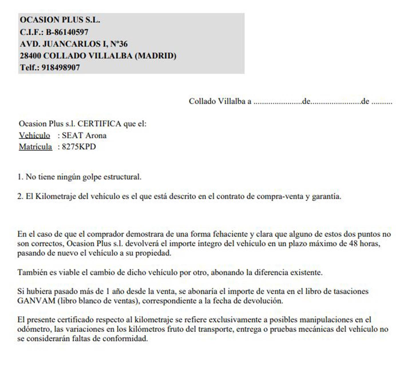 Foto del certificado del Seat Arona Seat Arona 1.0 TSI Ecomotive S&S Style (115 CV)