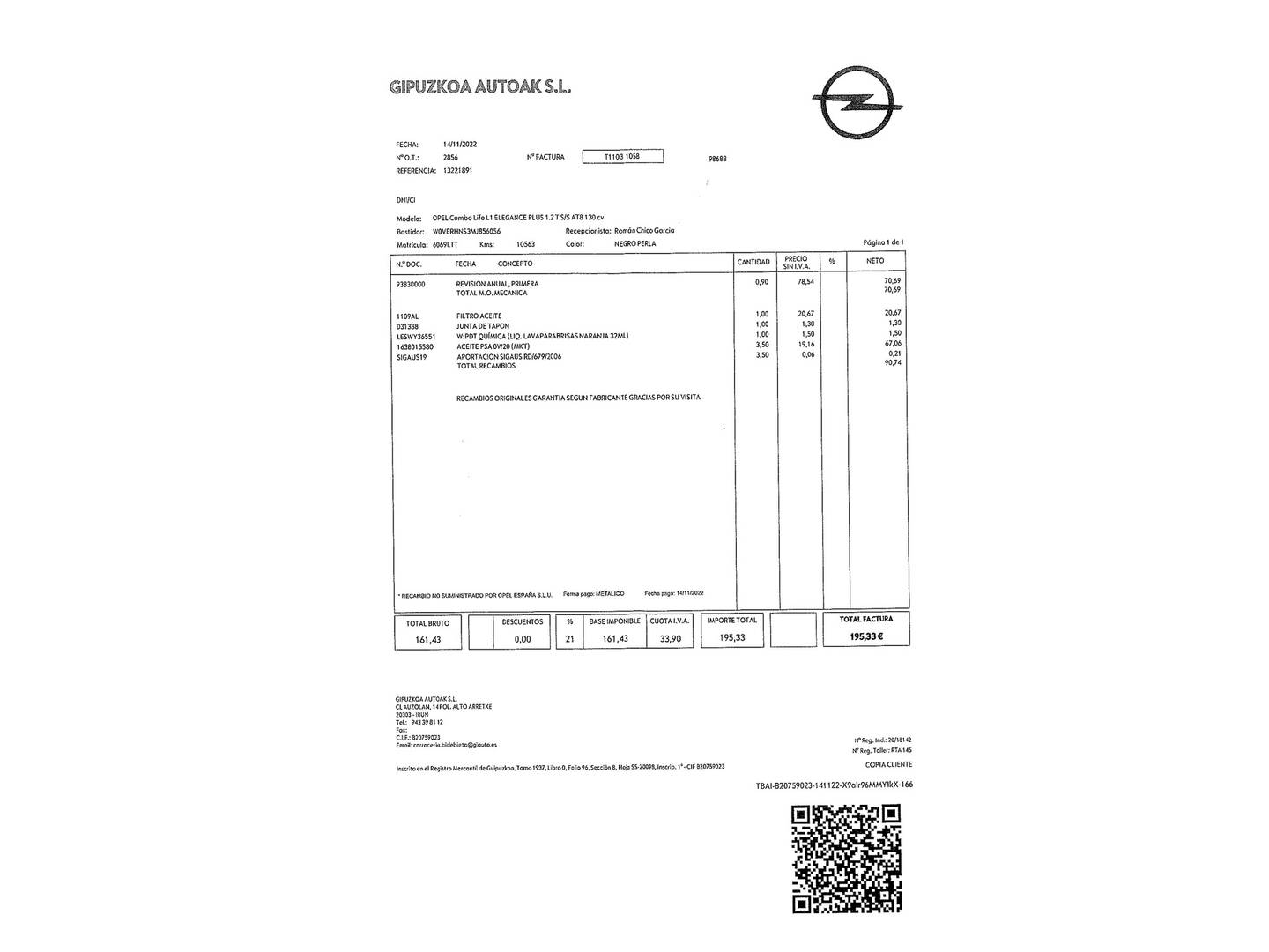 Foto del mantenimiento del Opel Combo Life Opel Combo Life 1.2 T Elegance Plus L Auto (130 CV)