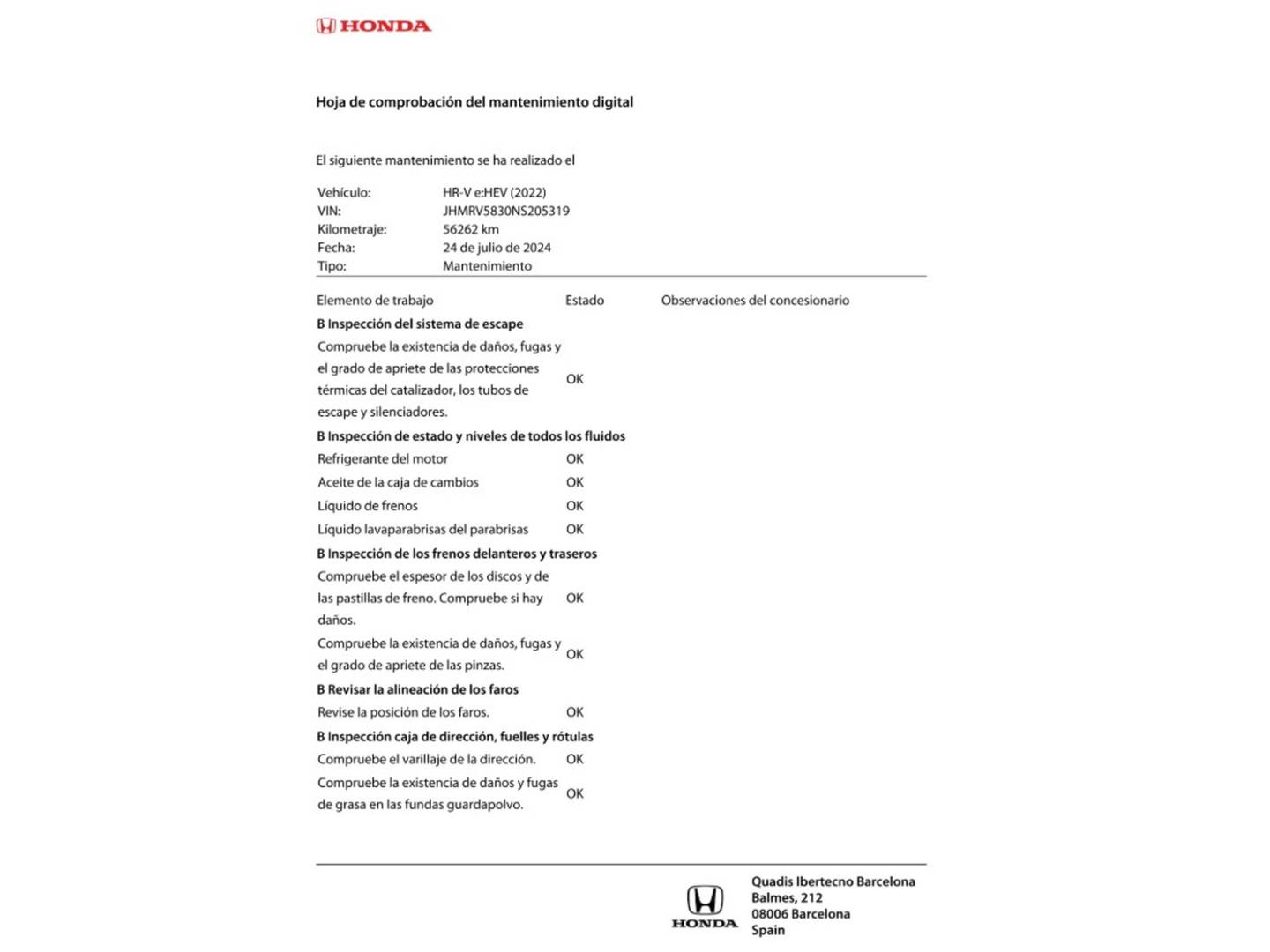 Foto del mantenimiento del Honda HR-V Honda HR-V 1.5 i-MMD Advance 4x2 Auto (131 CV)
