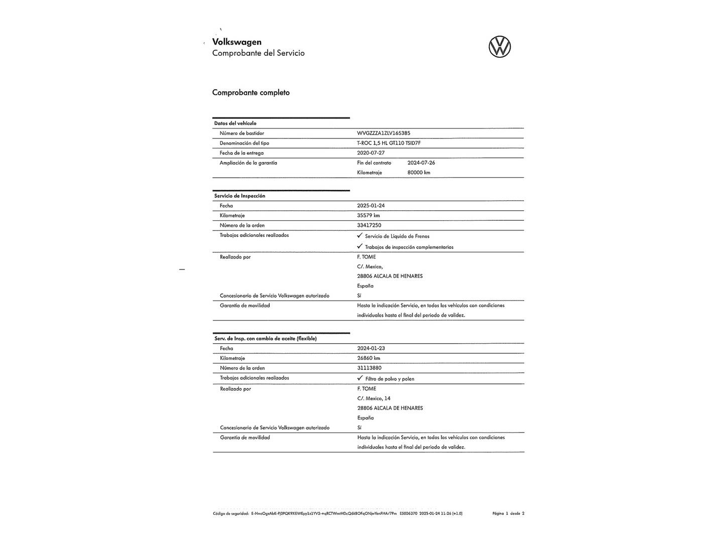 Foto del mantenimiento del Volkswagen T-Roc Volkswagen T-Roc Sport 1.5 TSI (150 CV) DSG