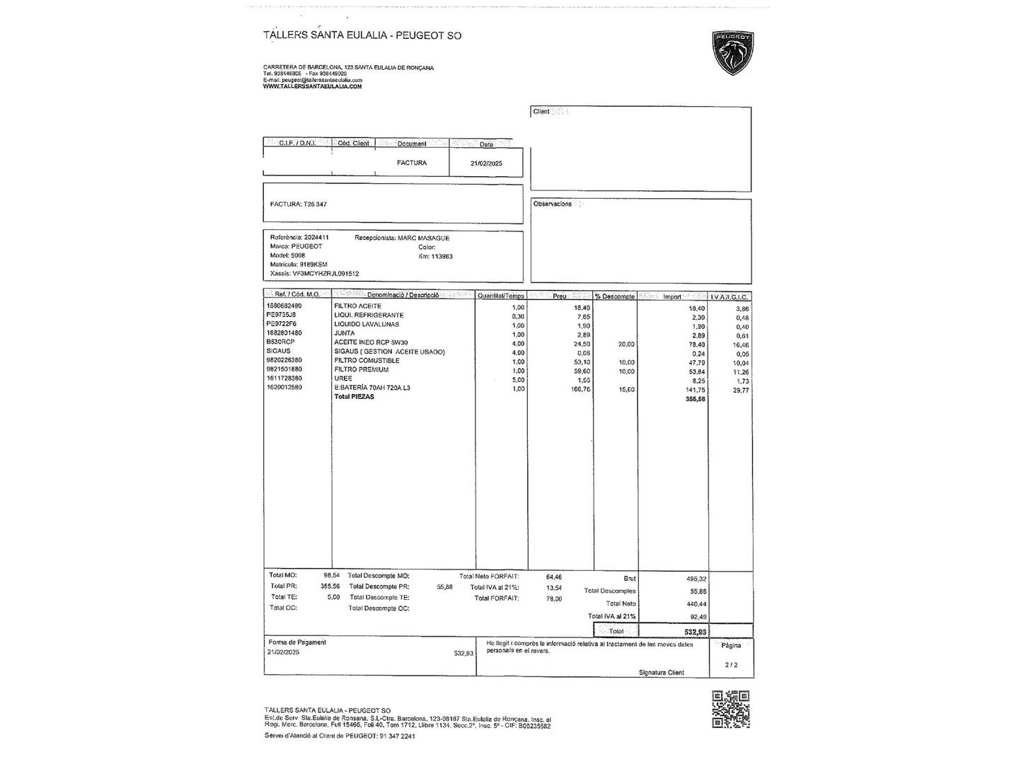 Foto del mantenimiento del Peugeot 5008 Peugeot 5008 BlueHDi 130 S&S Allure EAT8 (130 CV) 7 Plazas