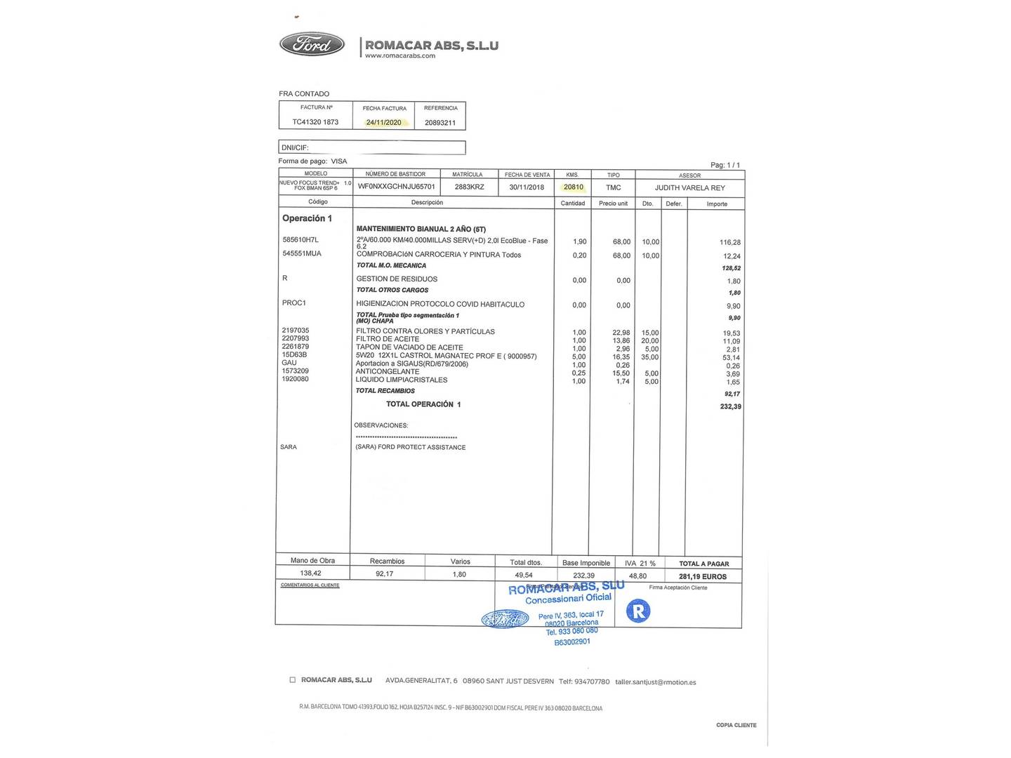 Foto del mantenimiento del Ford Focus Ford Focus 1.0 Ecoboost Trend+ (125 CV)