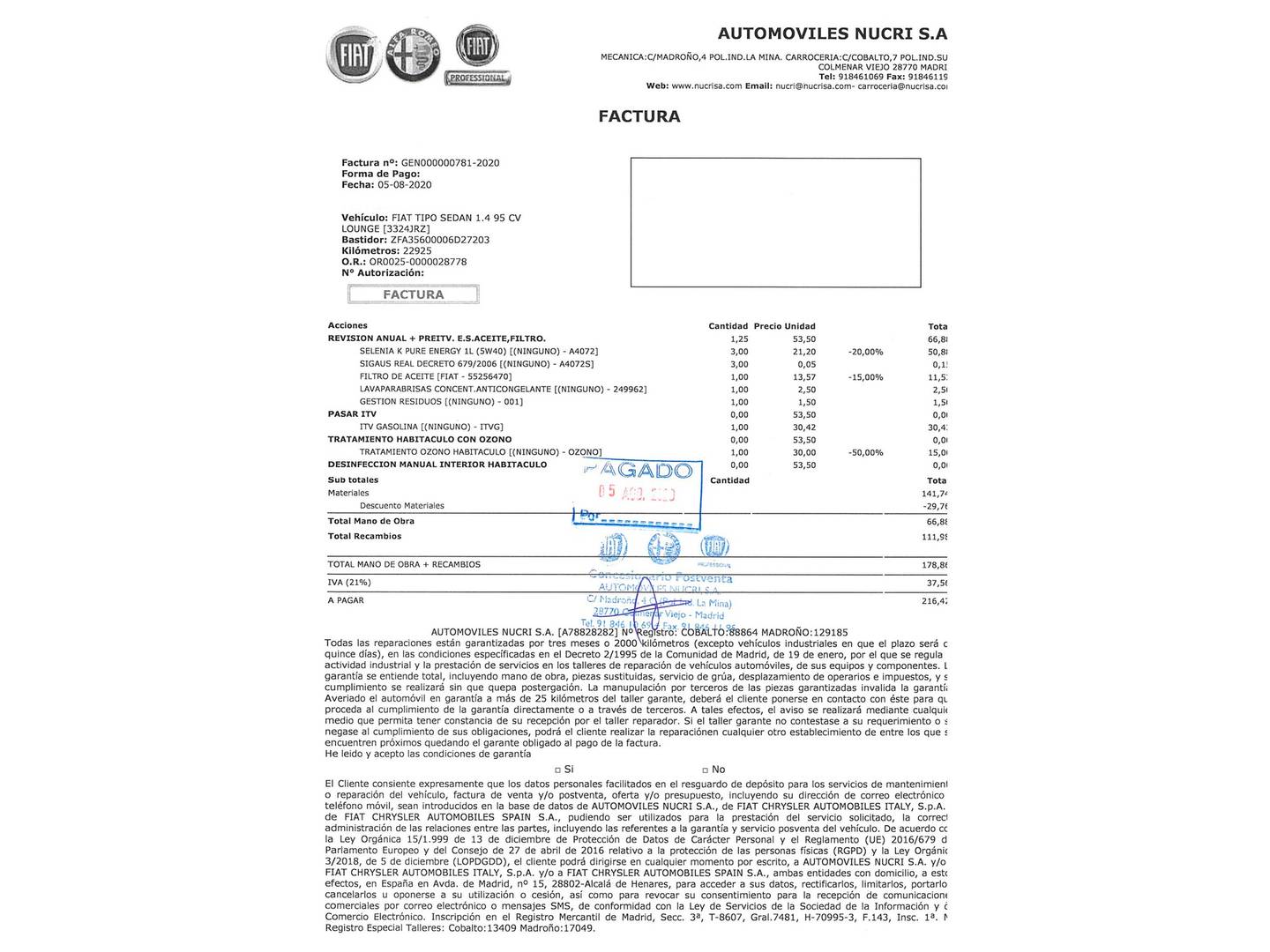 Foto del mantenimiento del Fiat Tipo Fiat Tipo Sedan 1.4 Lounge (95 CV)