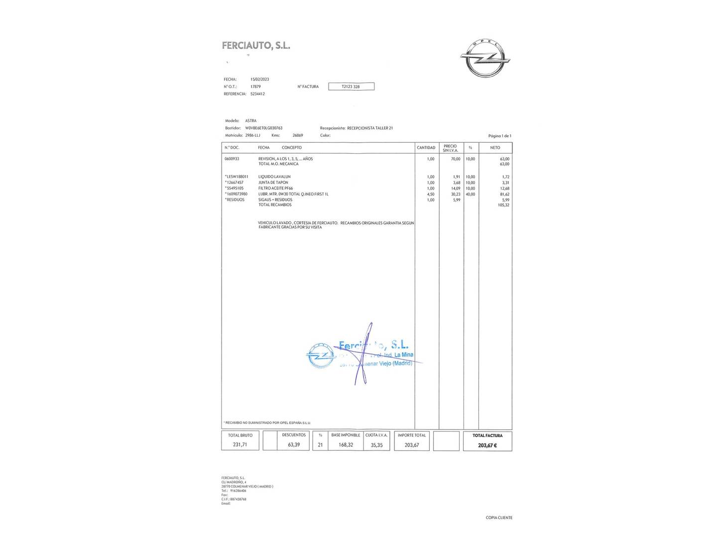 Foto del mantenimiento del Opel Astra Opel Astra 1.4 Turbo SHT Elegance CVT (145 CV)