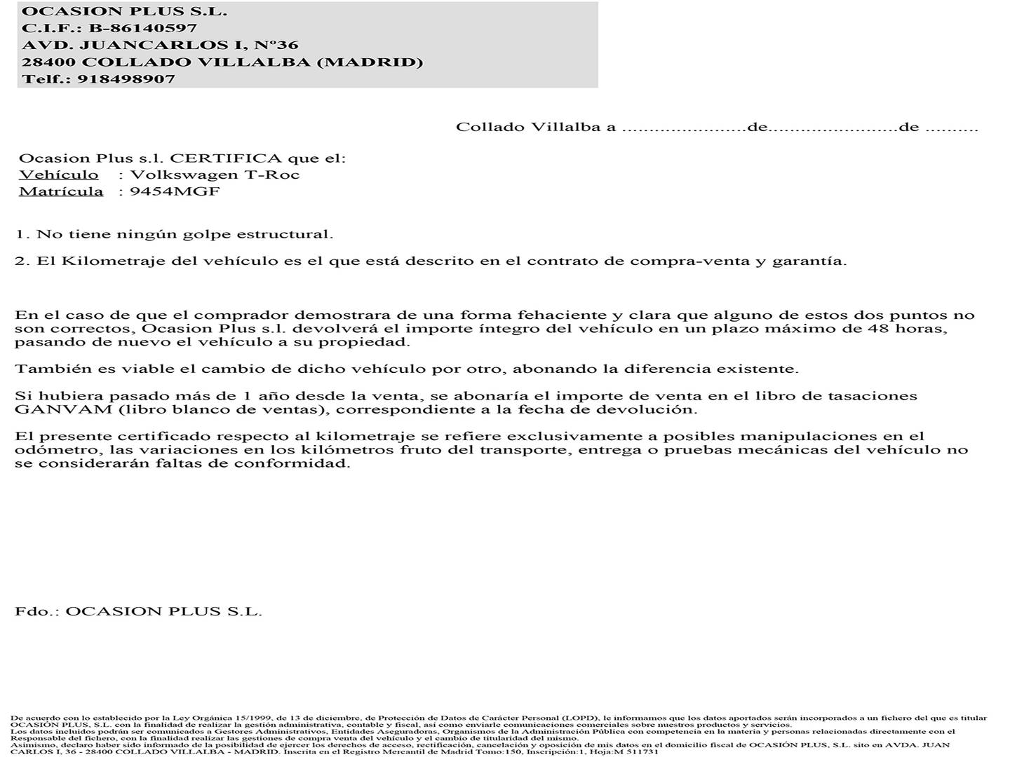 Foto del certificado del Volkswagen T-Roc Volkswagen T-Roc Life 1.5 TSI (150 CV)