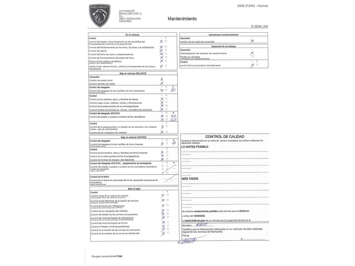 Foto del mantenimiento del Peugeot 2008 Peugeot 2008 PureTech 130 S&S GT Line EAT8 (130 CV)