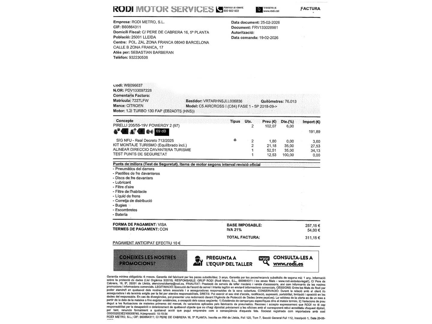 Foto del mantenimiento del Citroën C5 Aircross Citroën C5 Aircross PureTech 130 S&S Feel (131 CV)