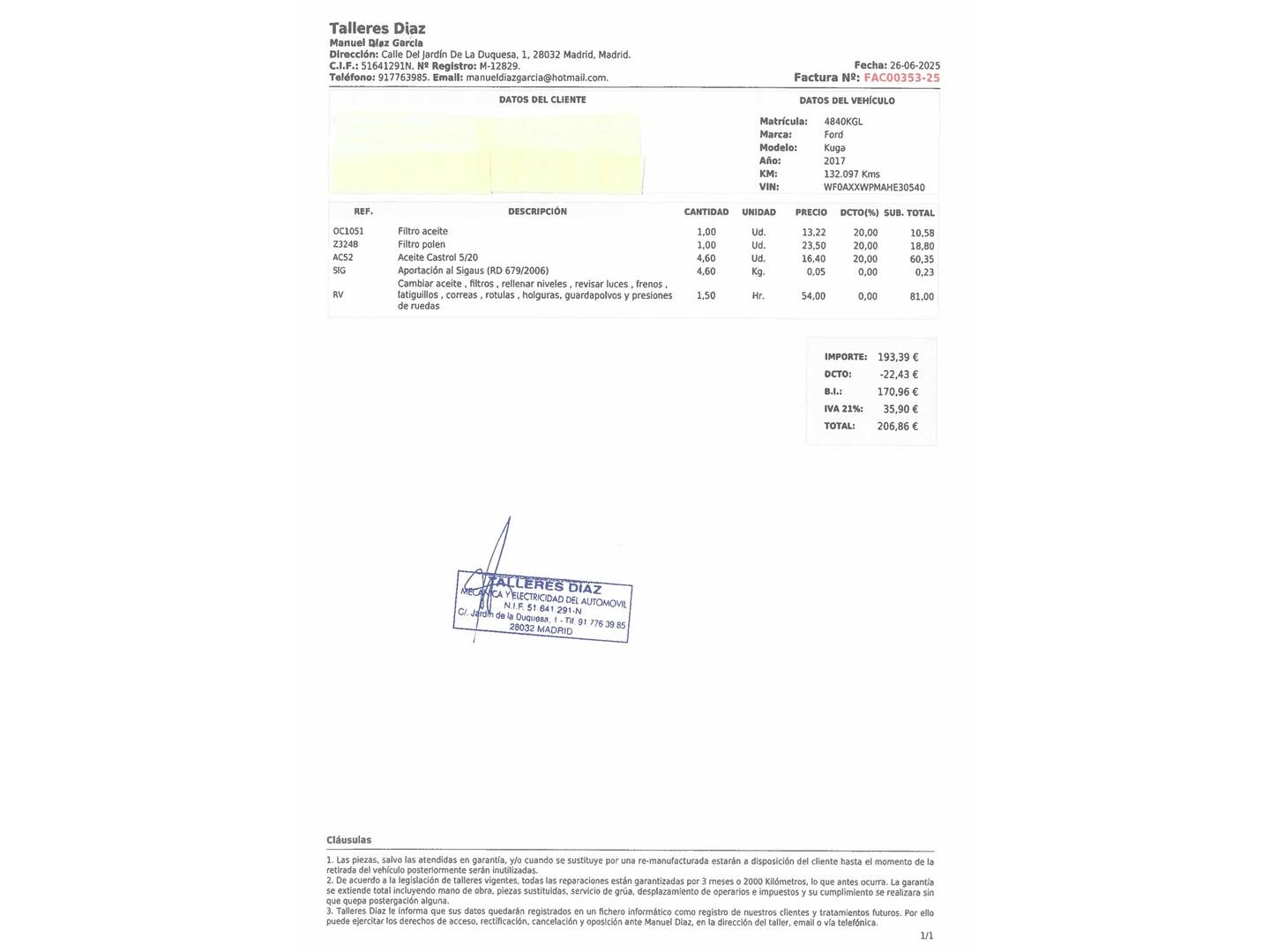 Foto del mantenimiento del Ford Kuga Ford Kuga 1.5 EcoBoost S&S Titanium 4x2 (150 CV)