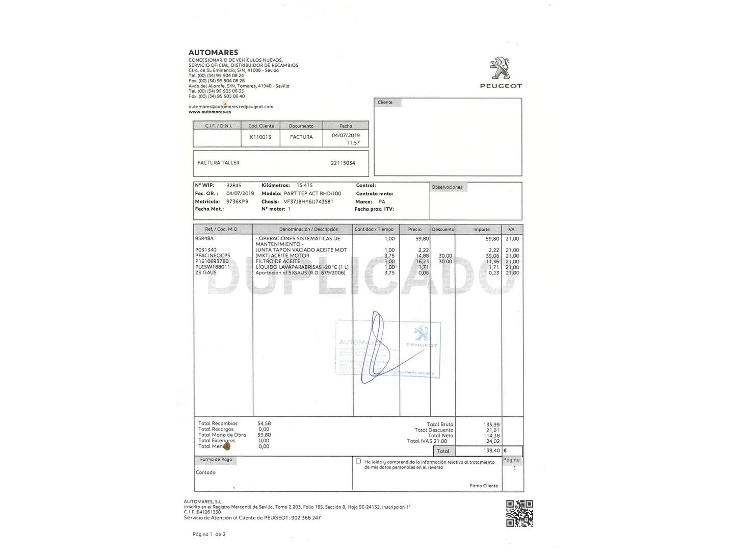 Foto del certificado del Peugeot Partner Peugeot Partner Tepee Tepee BlueHDi 100 Active (100 CV)