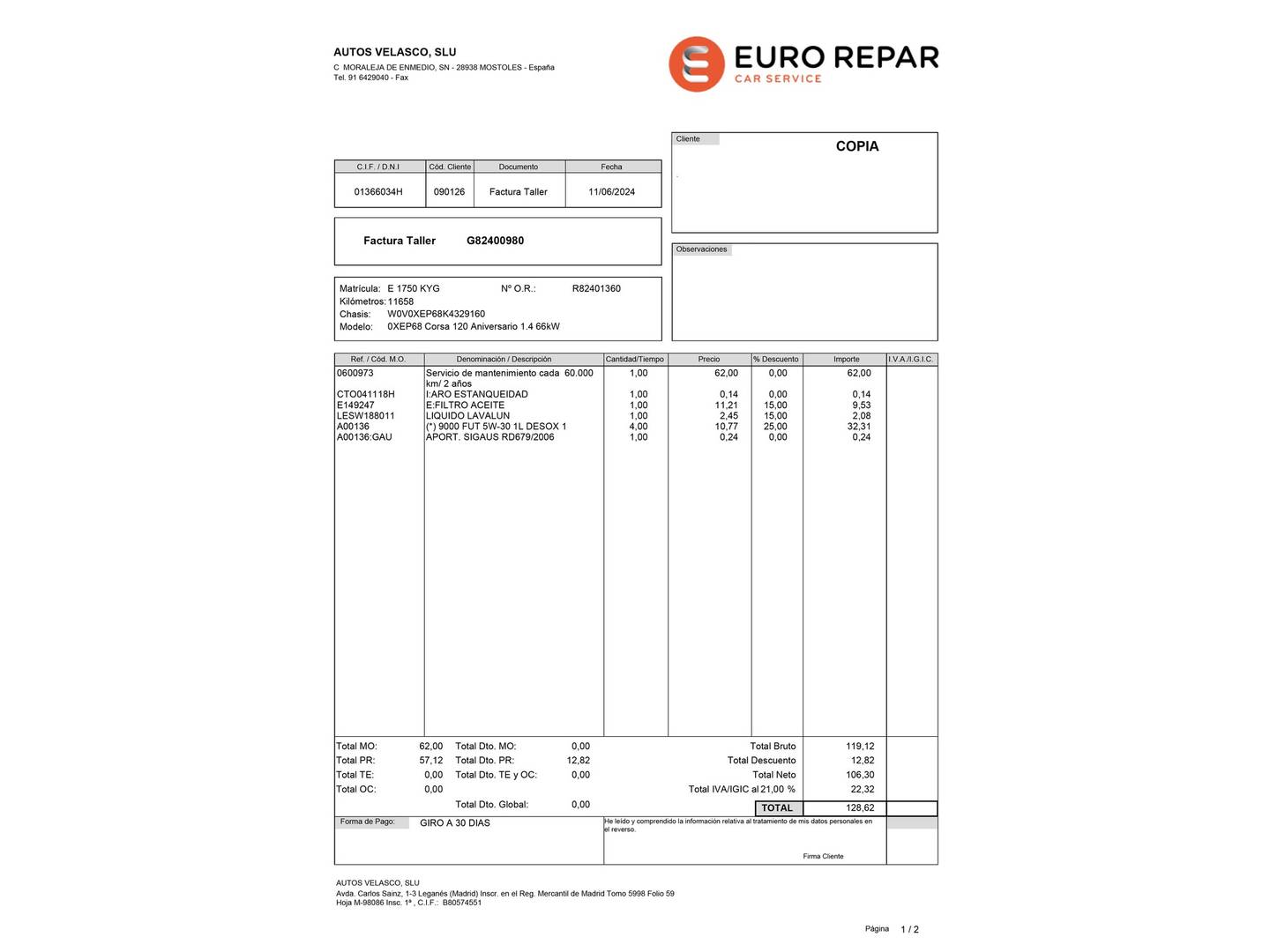 Foto del mantenimiento del Opel Corsa Opel Corsa 1.4 GLP Selective Pro  (90 CV)