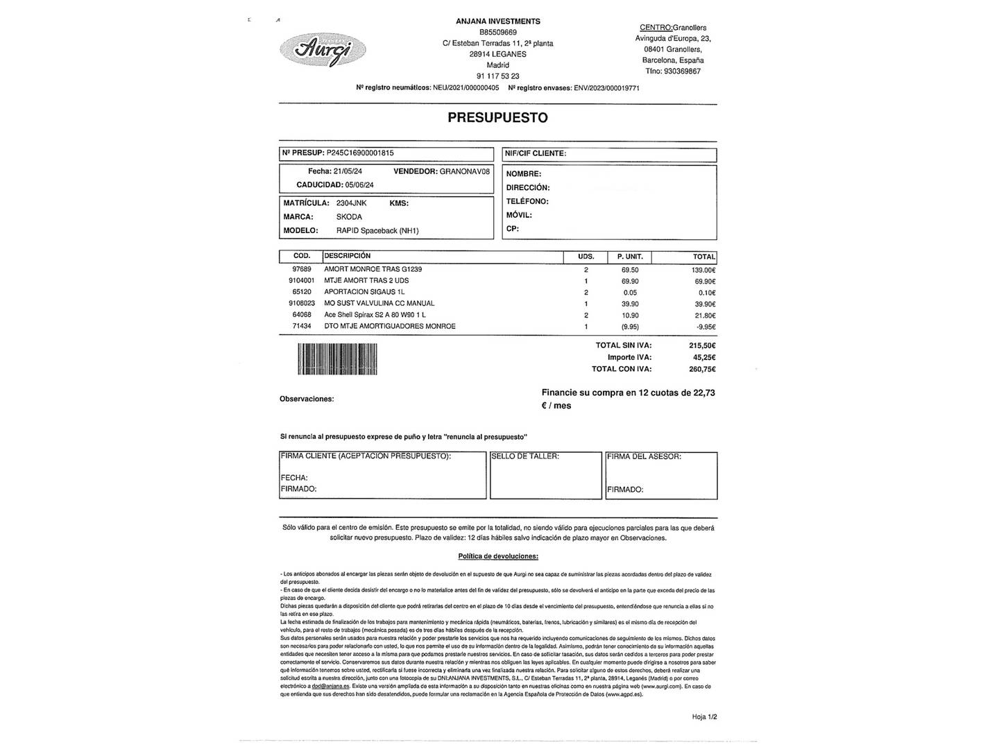 Foto del mantenimiento del Skoda Spaceback Skoda Spaceback 1.4 TDI Ambition DSG (90 CV)
