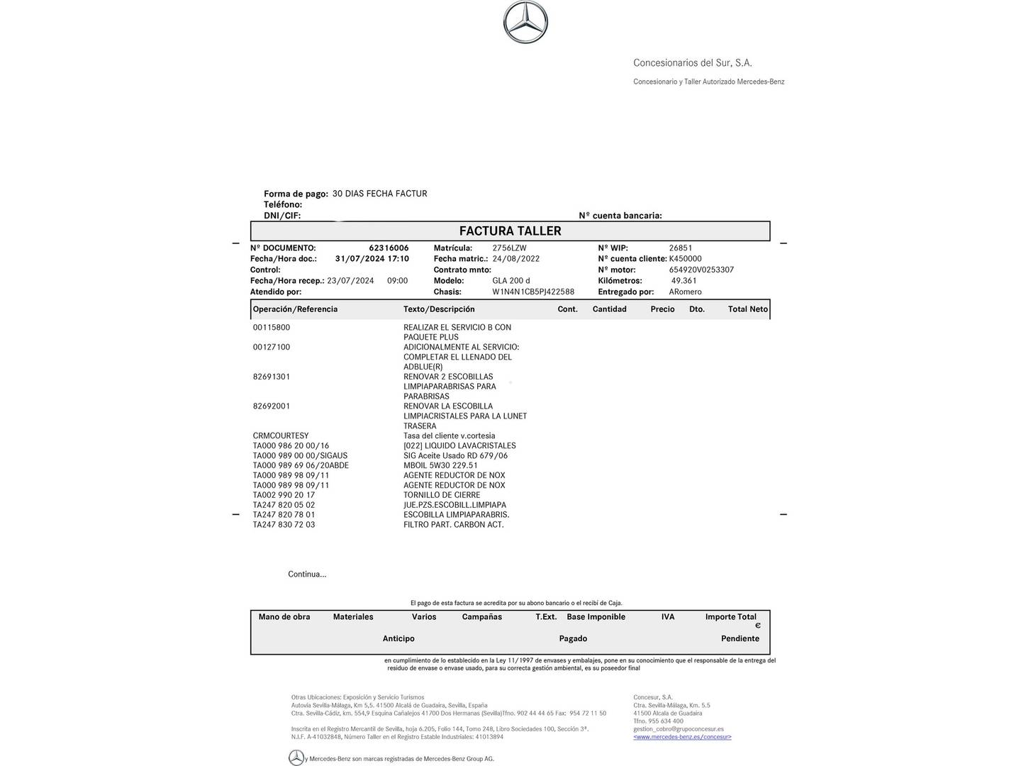 Foto del mantenimiento del Mercedes GLA Mercedes GLA 200 D (150 CV)