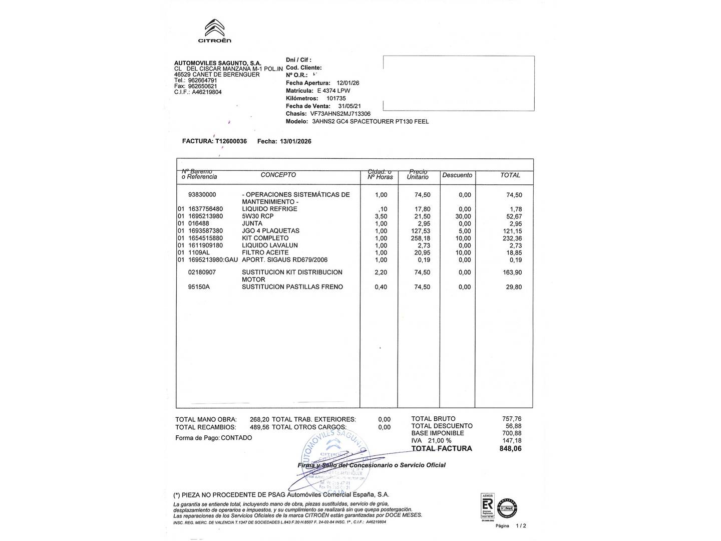 Foto del mantenimiento del Citroën Grand C4 Spacetourer Citroën Grand C4 Spacetourer PureTech 130 6v S&S Shine (130 CV) 7 Plazas