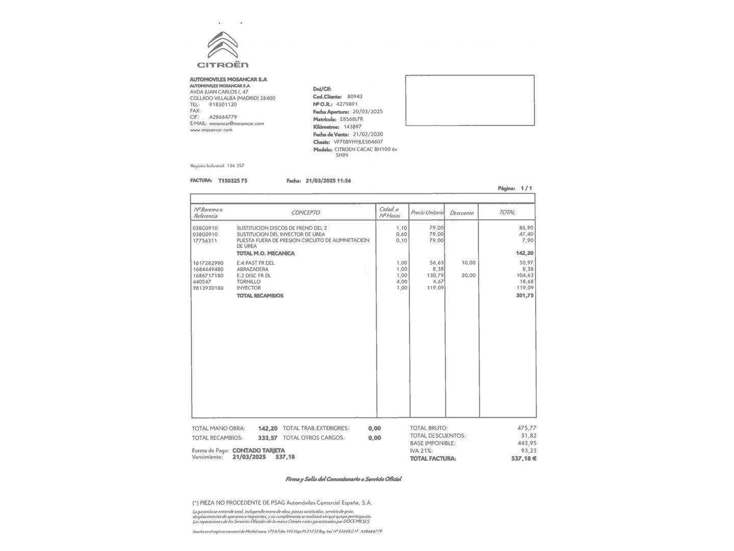Foto del mantenimiento del Citroën C4 Cactus Citroen C4 Cactus BlueHDi 100 S&S Shine (102 CV)