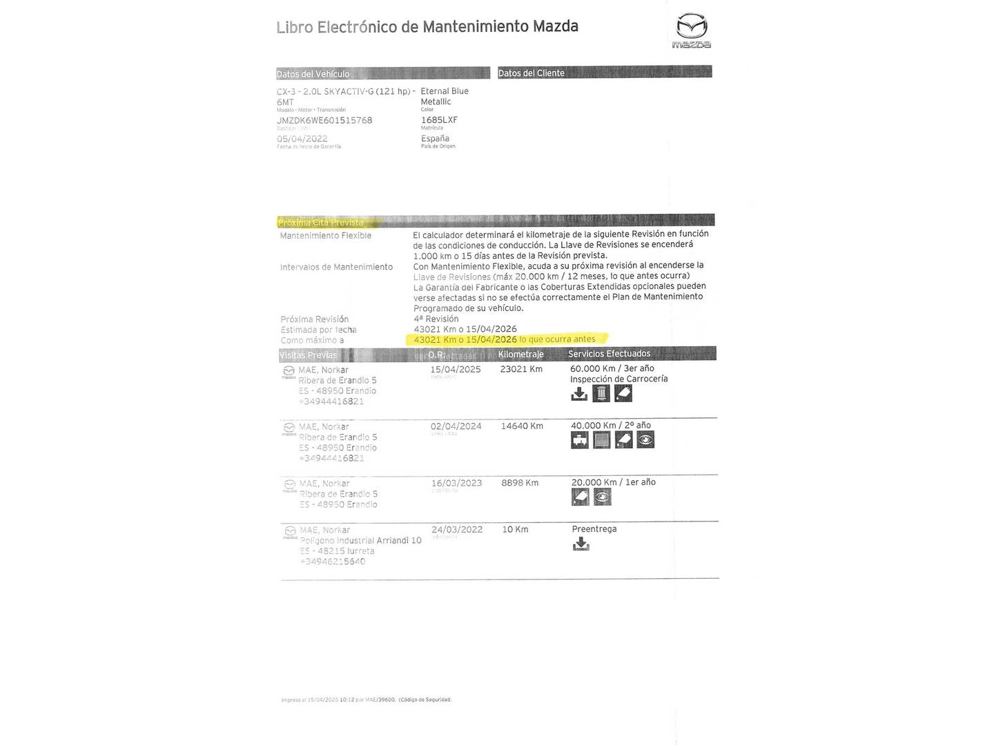 Foto del mantenimiento del Mazda CX-3 Mazda CX-3 2.0 G Zenith 2WD (121 CV)
