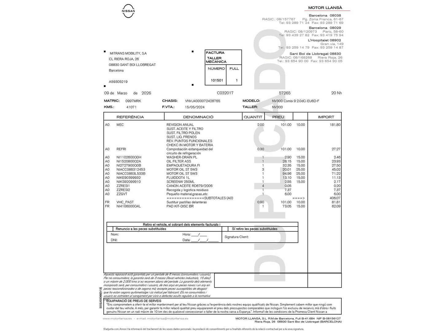 Foto del mantenimiento del Nissan Primastar Nissan Primastar 2.0 dCi L2H1 Go (150 CV) 9 Plazas
