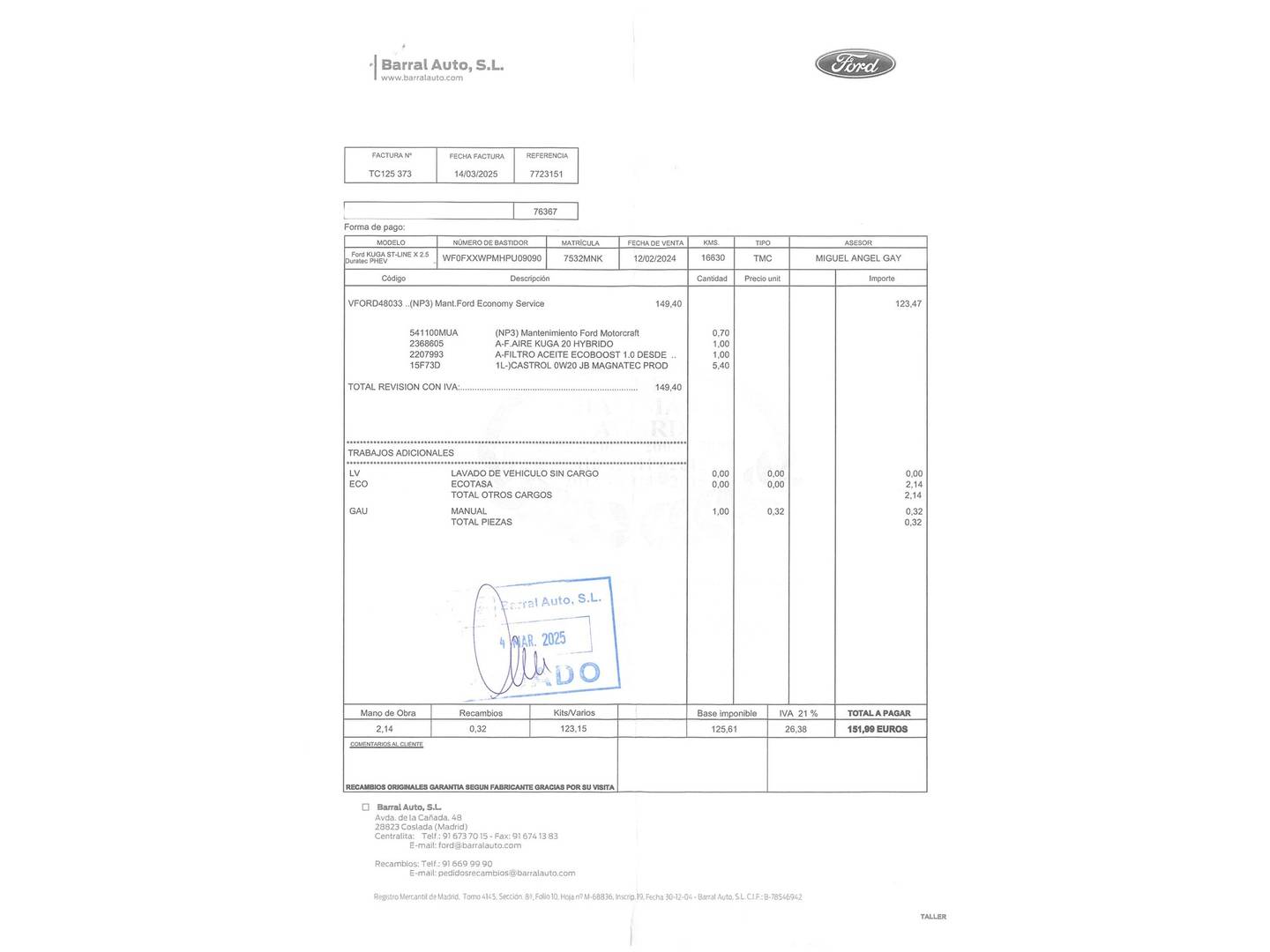 Foto del mantenimiento del Ford Kuga Ford Kuga 2.5 Duratec PHEV ST-Line X Auto (225 CV)