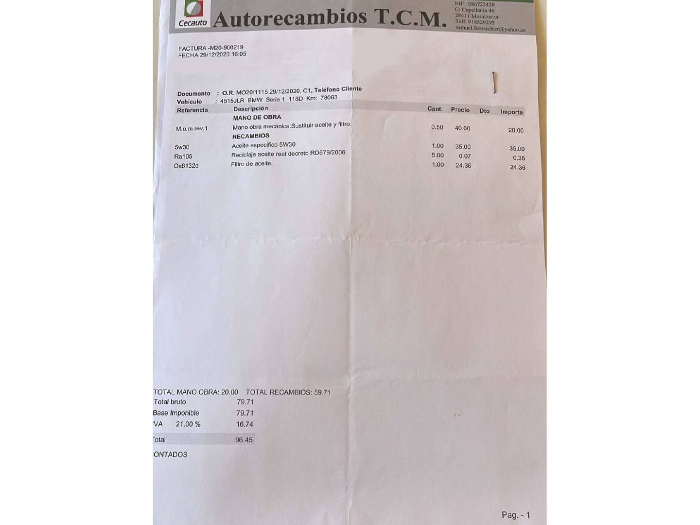 Foto del mantenimiento del BMW Serie 1 BMW Serie 1 118d (150 CV)