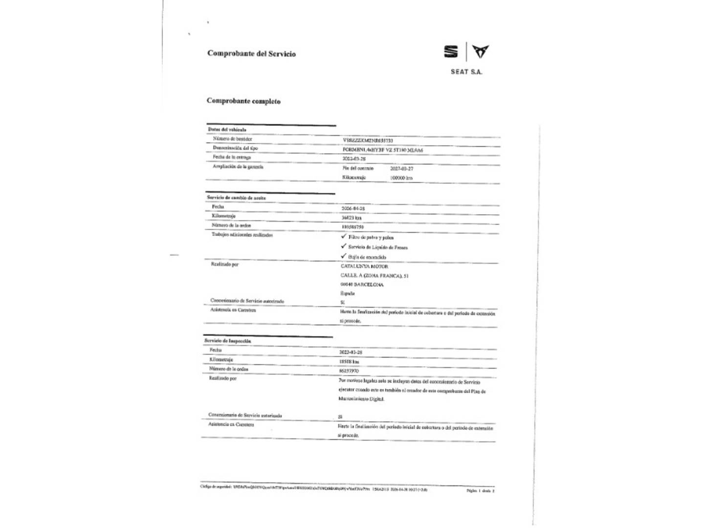 Foto del mantenimiento del Cupra Formentor Cupra Formentor 1.4 e-Hybrid VZ DSG (245 CV)