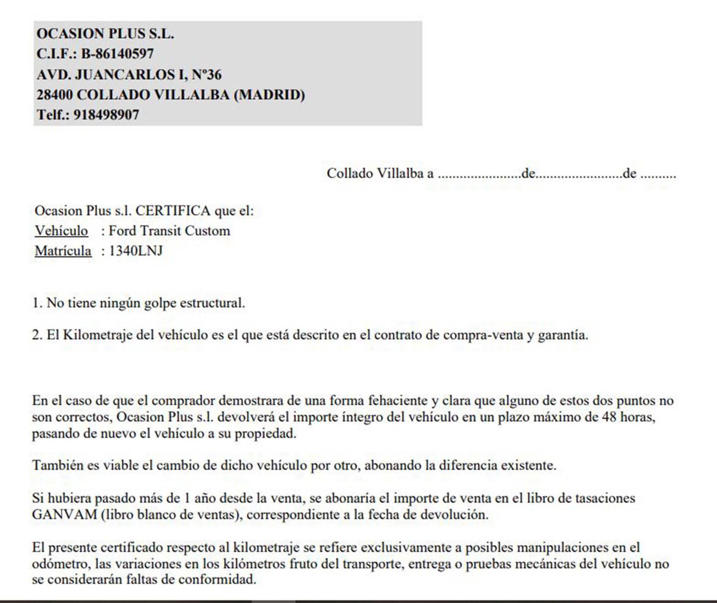 Foto del certificado del Ford Transit Custom Ford Transit Custom Furgon 2.0 TDCI MHEV Limited 300 L2 (130 CV)