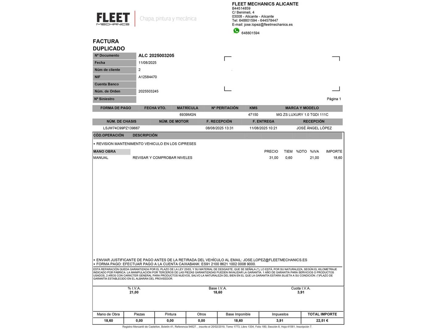 Foto del mantenimiento del MG ZS MG ZS 1.0T Luxury (111 CV)